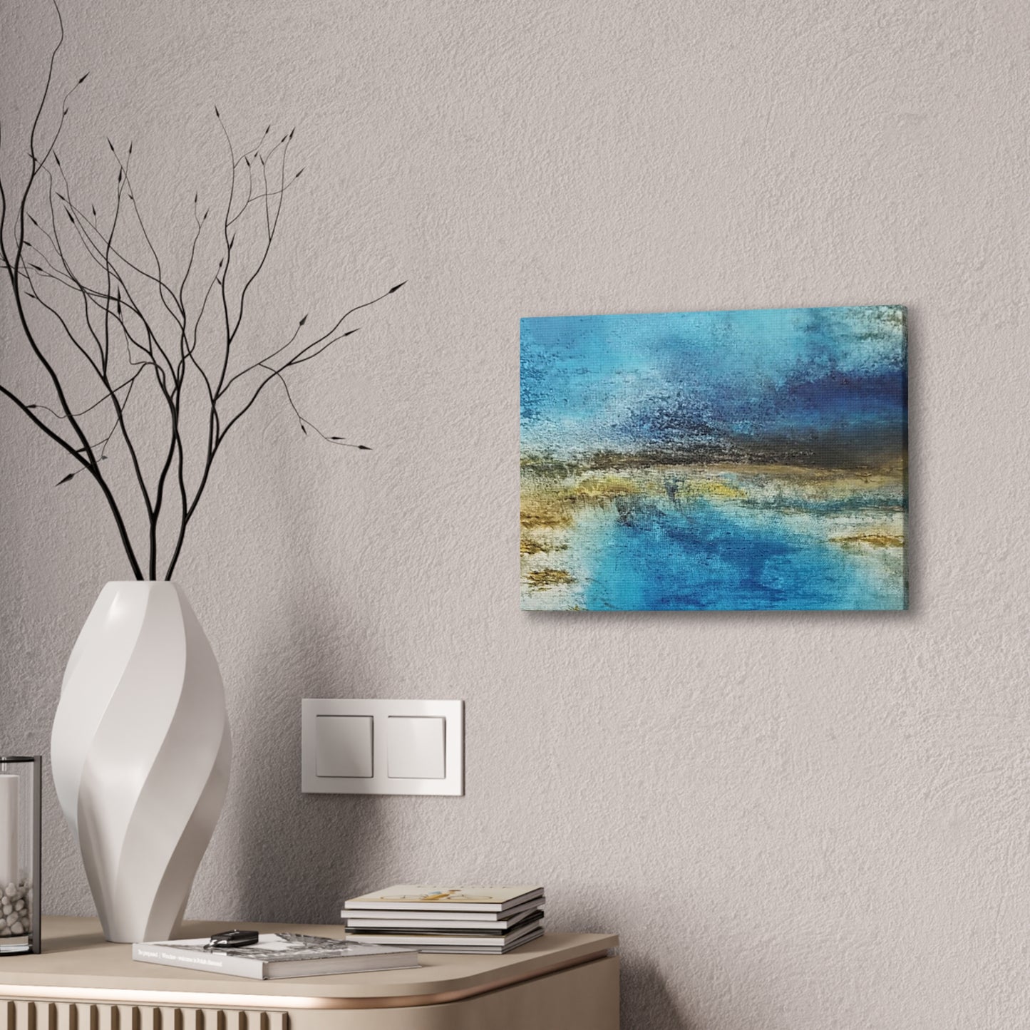 Golden Drift (Horizontal) Abstract Blue and Gold Wall Art Print, Textured Modern Landscape