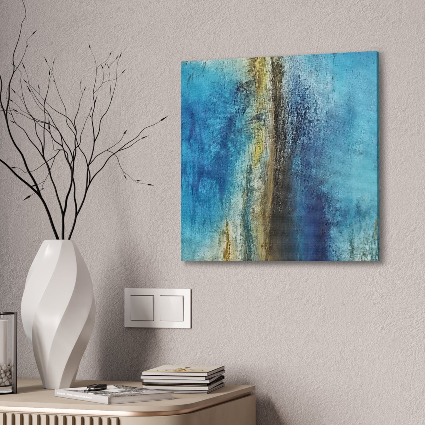 Golden Drift (Vertical) Abstract Blue and Gold Wall Art Print, Textured Modern Landscape