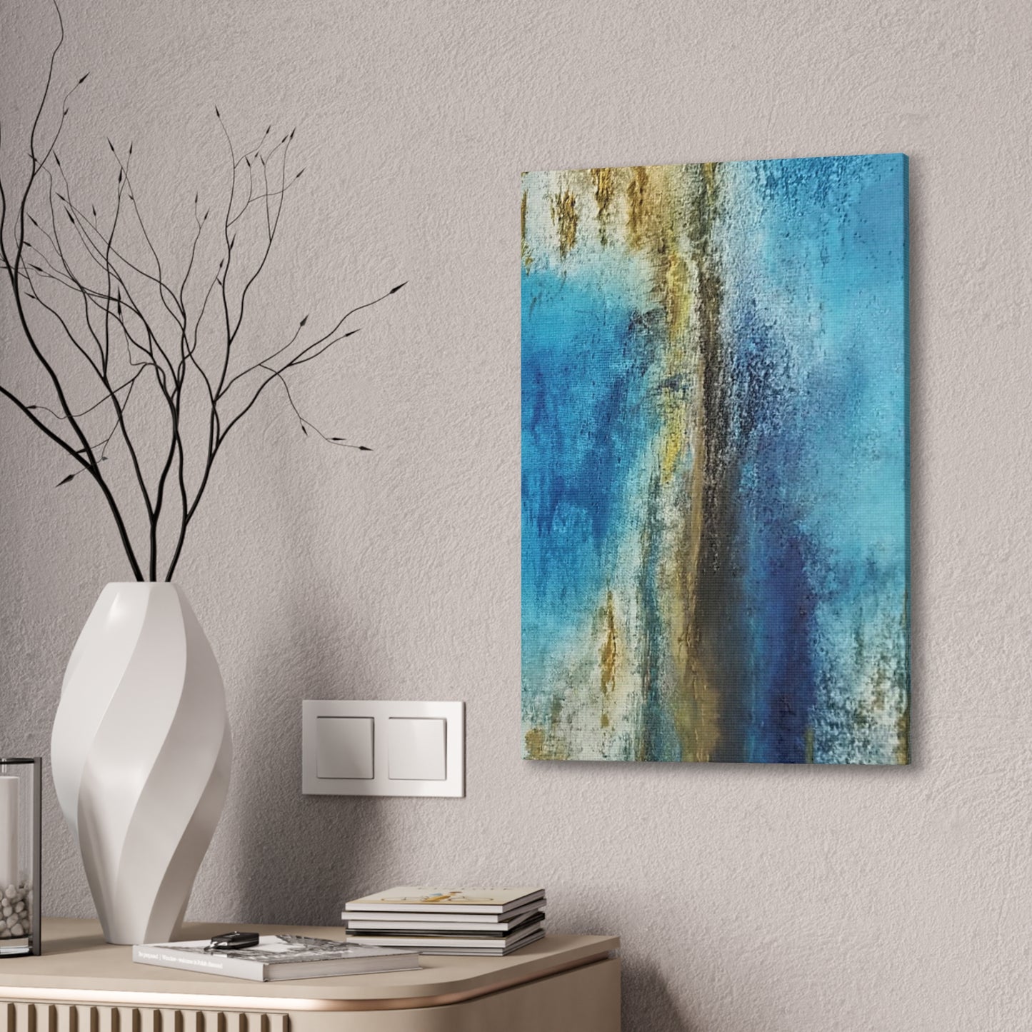 Golden Drift (Vertical) Abstract Blue and Gold Wall Art Print, Textured Modern Landscape