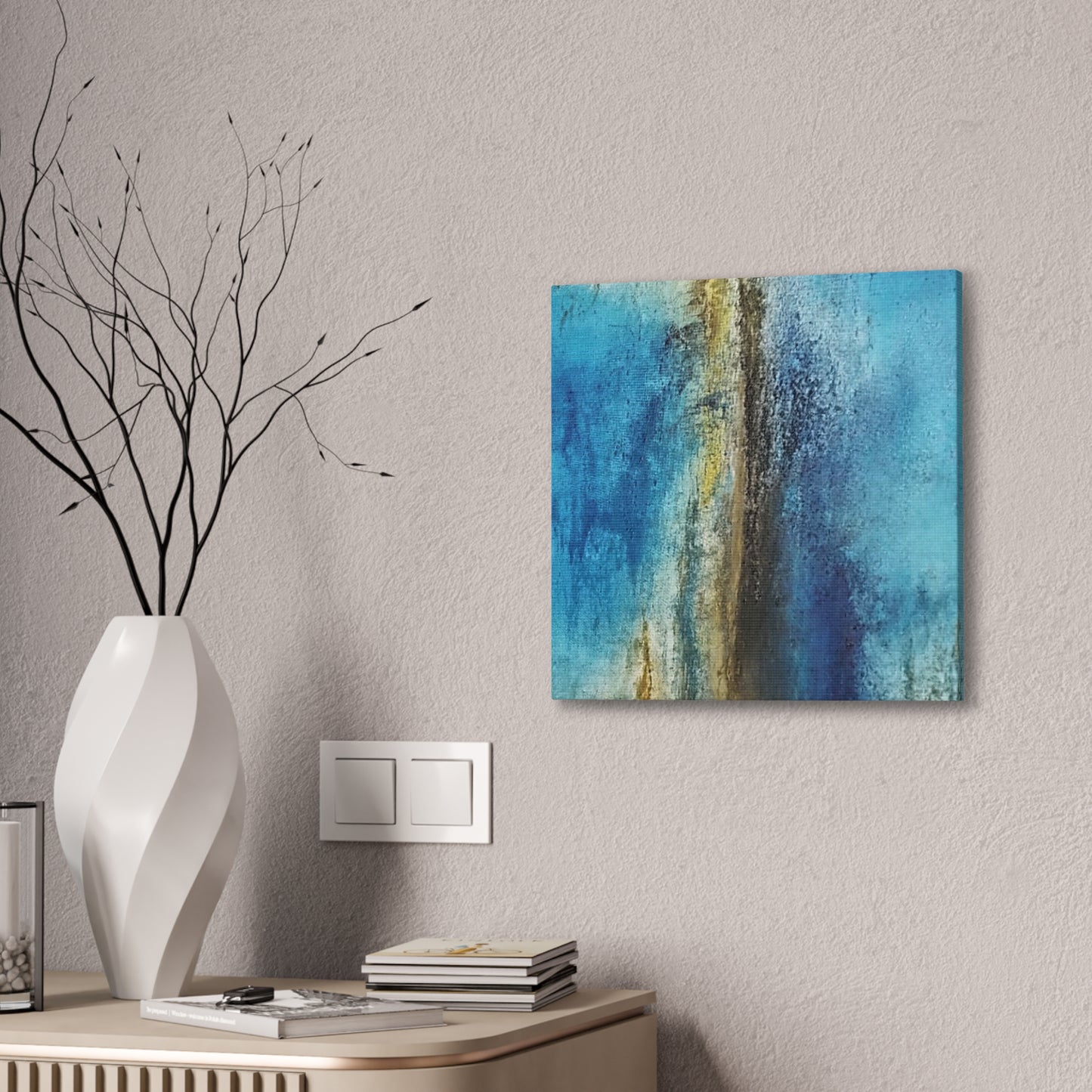 Golden Drift (Vertical) Abstract Blue and Gold Wall Art Print, Textured Modern Landscape