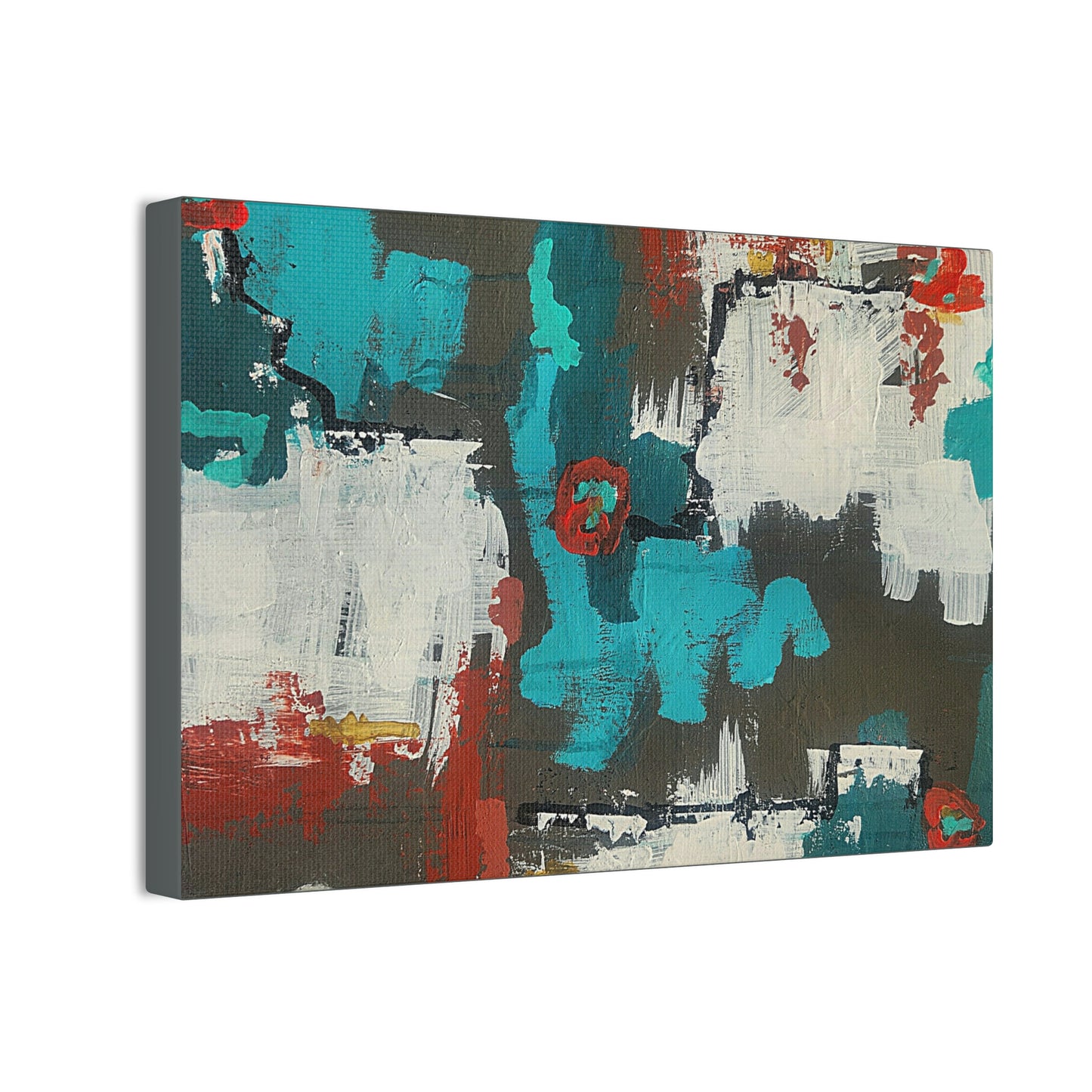Urban Bloom (Horizontal)Abstract Teal, Red, and White Modern Wall Art Print on Dark Background