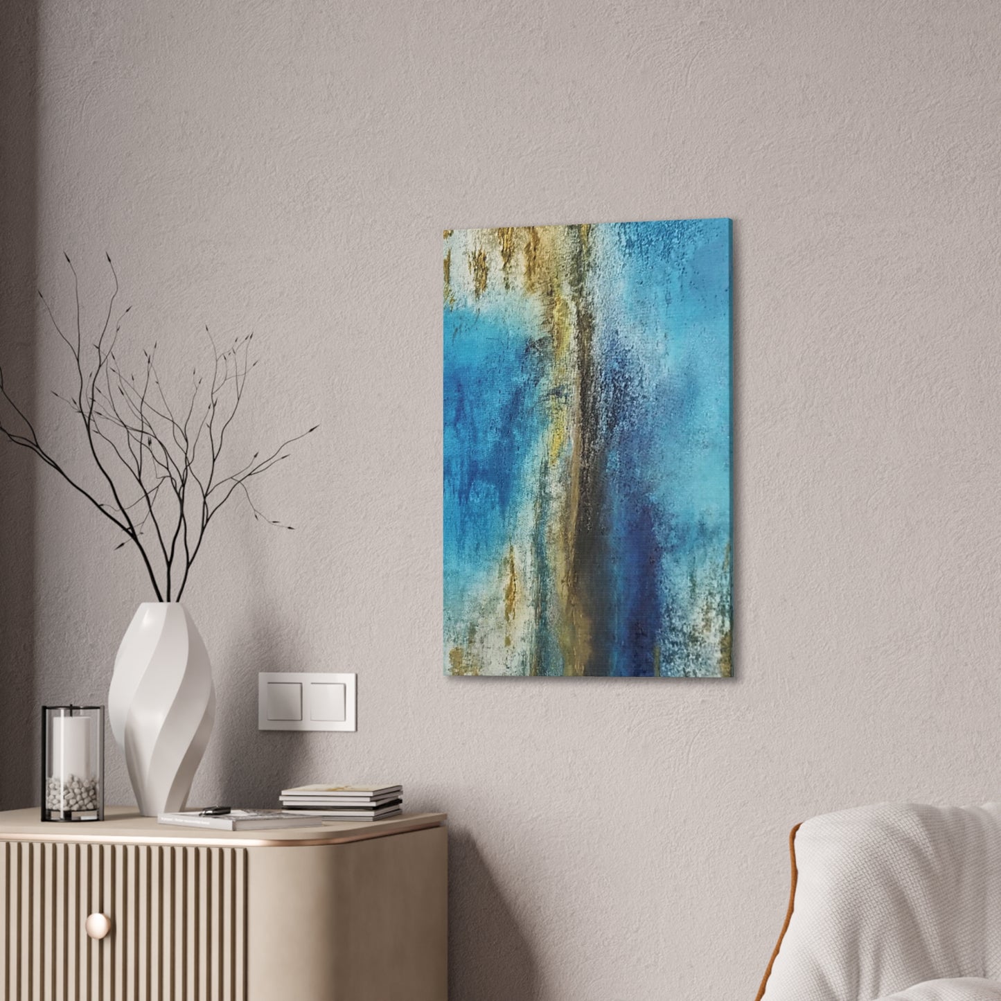 Golden Drift (Vertical) Abstract Blue and Gold Wall Art Print, Textured Modern Landscape