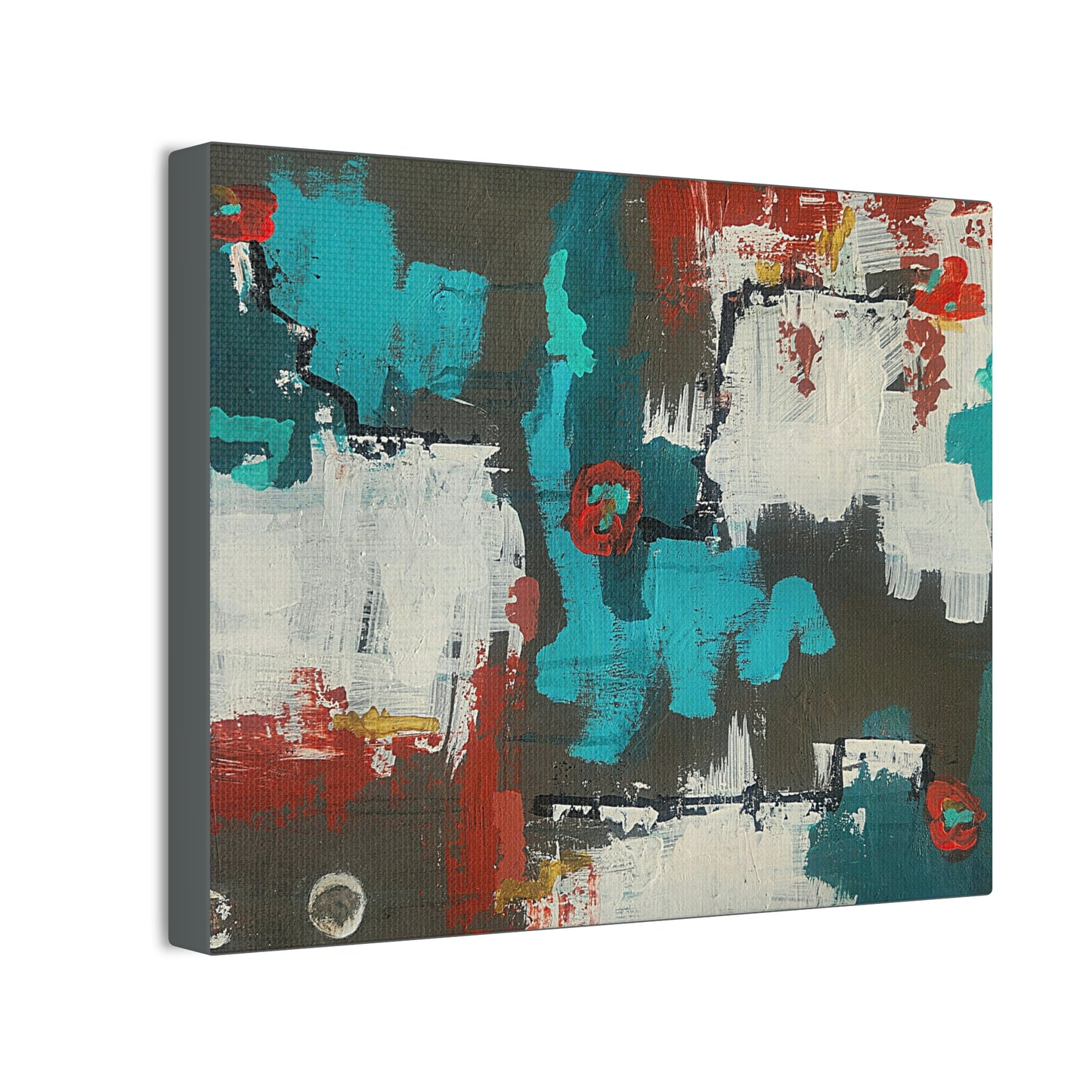 Urban Bloom (Horizontal)Abstract Teal, Red, and White Modern Wall Art Print on Dark Background
