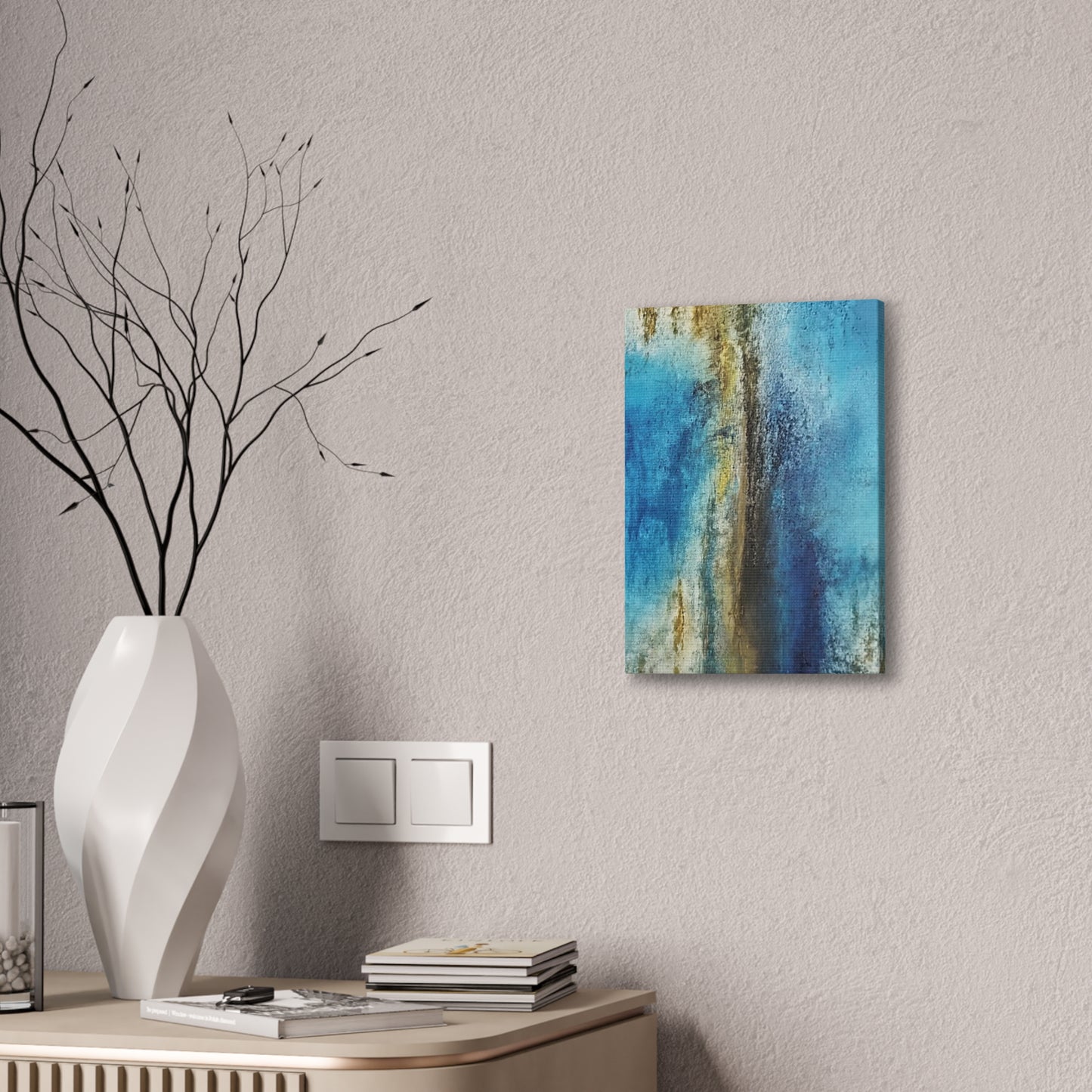 Golden Drift (Vertical) Abstract Blue and Gold Wall Art Print, Textured Modern Landscape