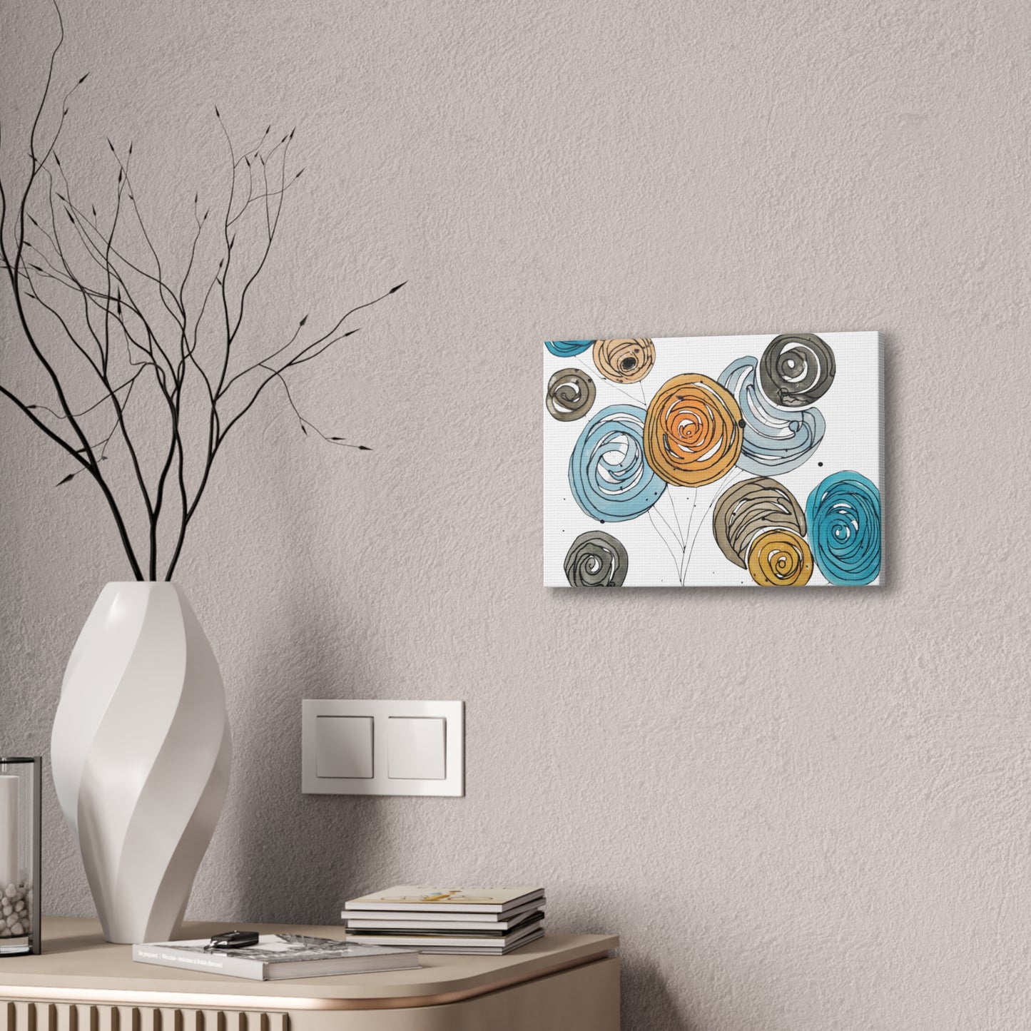 Spirals in Bloom II, Modern Abstract Floral Wall Art – Spiral Blossoms in Teal, Yellow & Charcoal