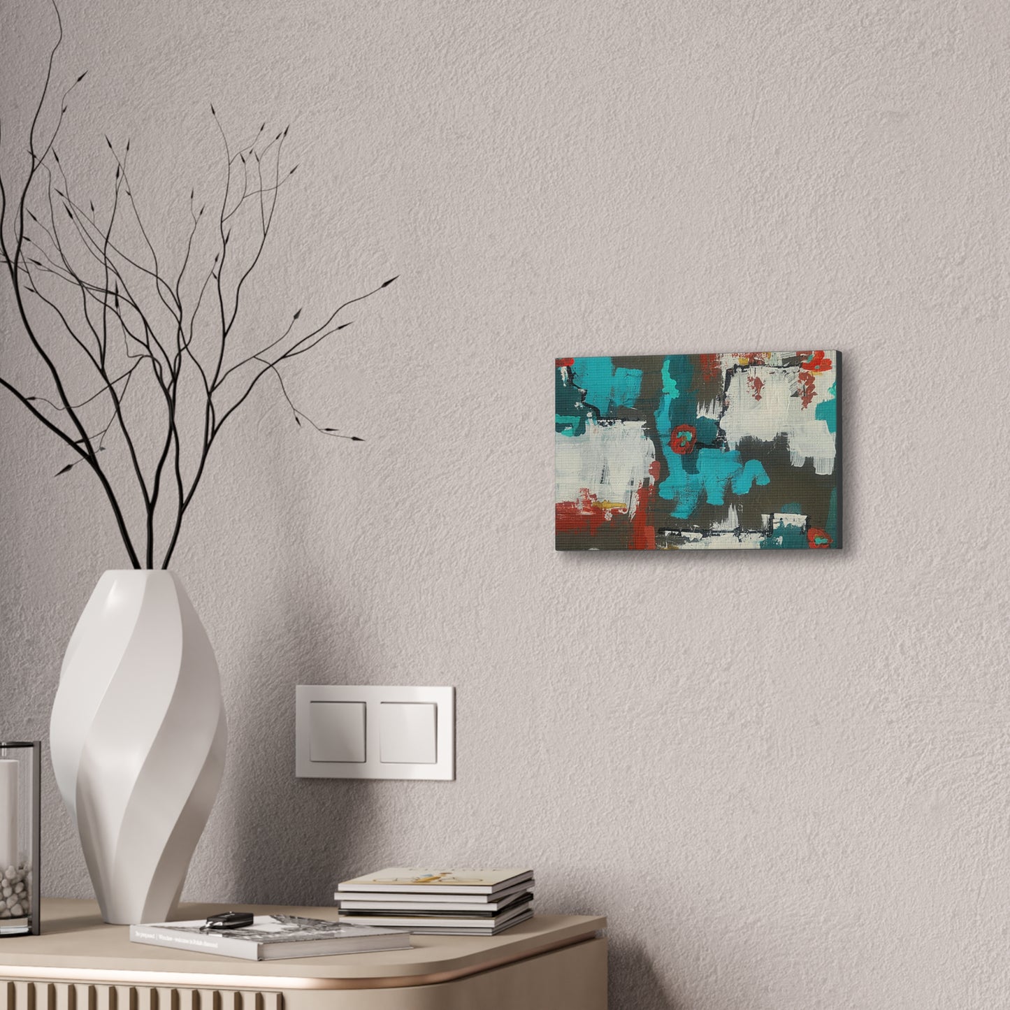 Urban Bloom (Horizontal)Abstract Teal, Red, and White Modern Wall Art Print on Dark Background