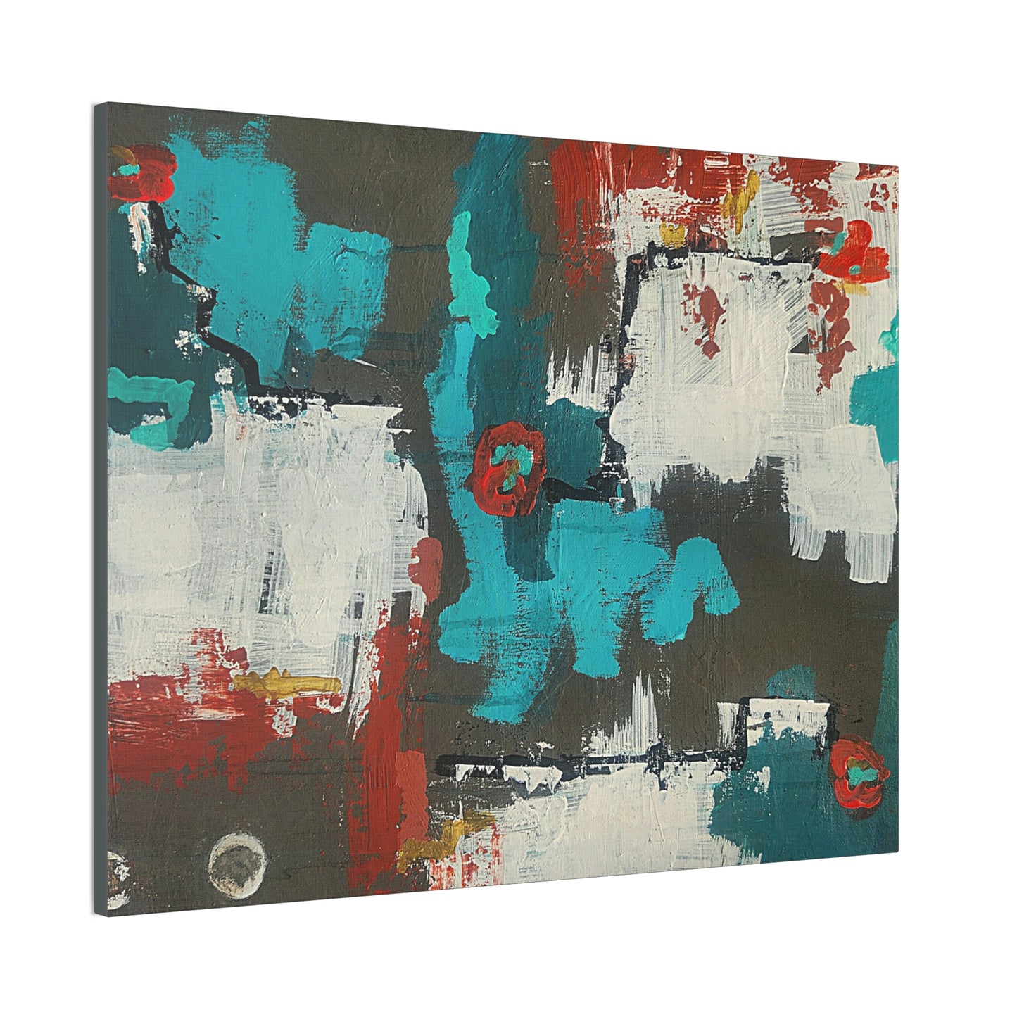 Urban Bloom (Horizontal)Abstract Teal, Red, and White Modern Wall Art Print on Dark Background