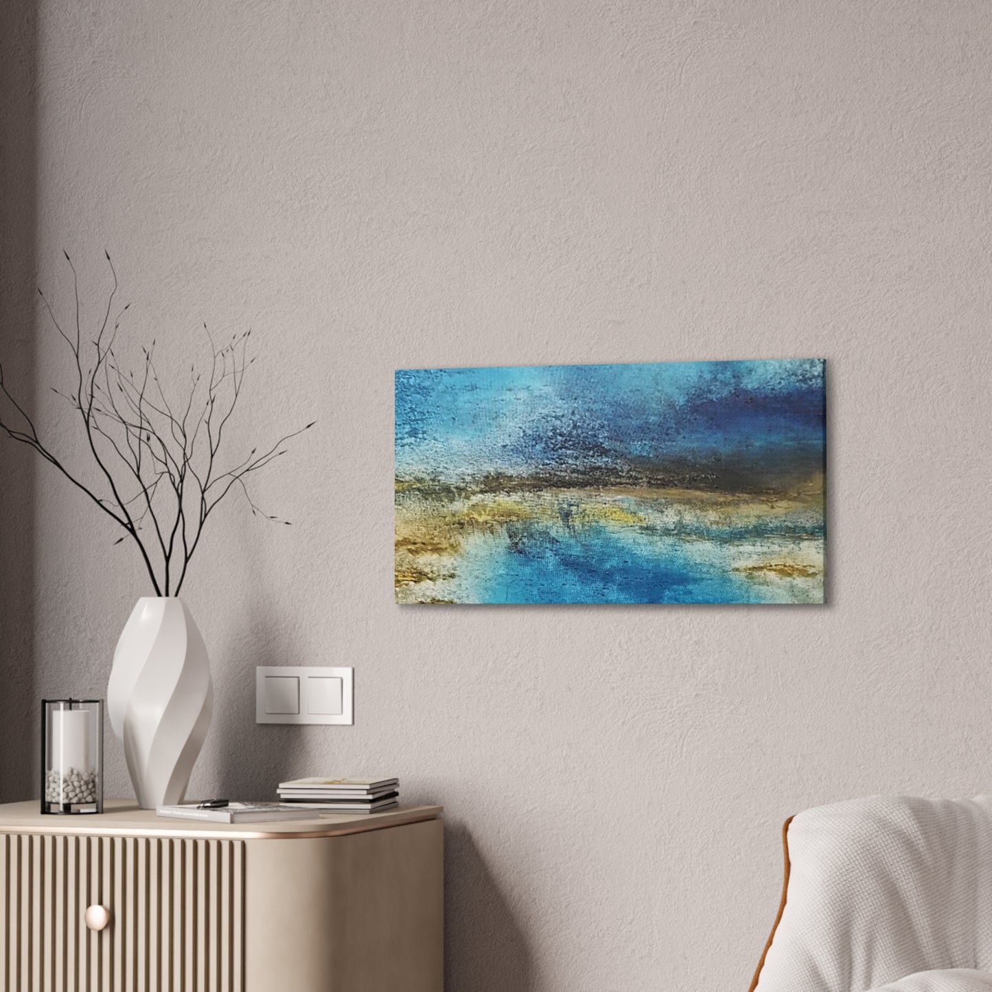 Golden Drift (Horizontal) Abstract Blue and Gold Wall Art Print, Textured Modern Landscape