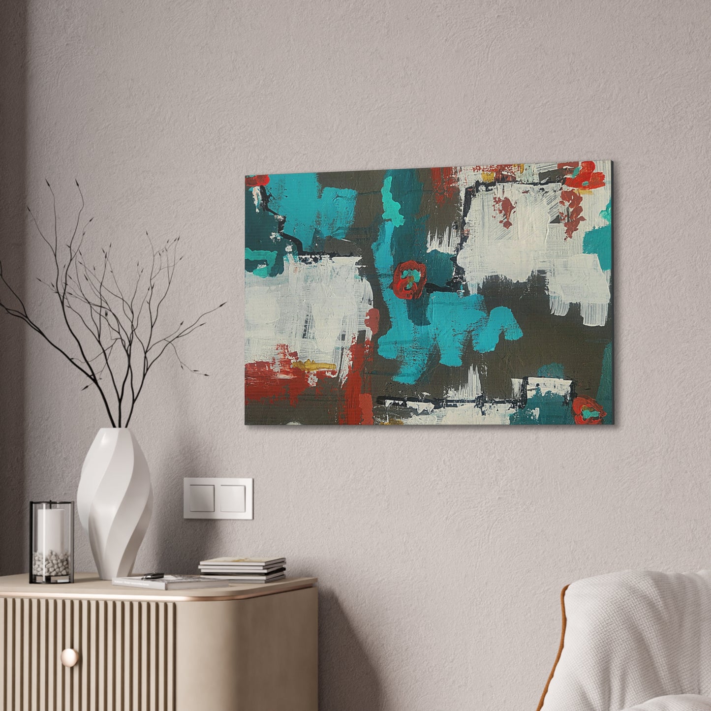 Urban Bloom (Horizontal)Abstract Teal, Red, and White Modern Wall Art Print on Dark Background