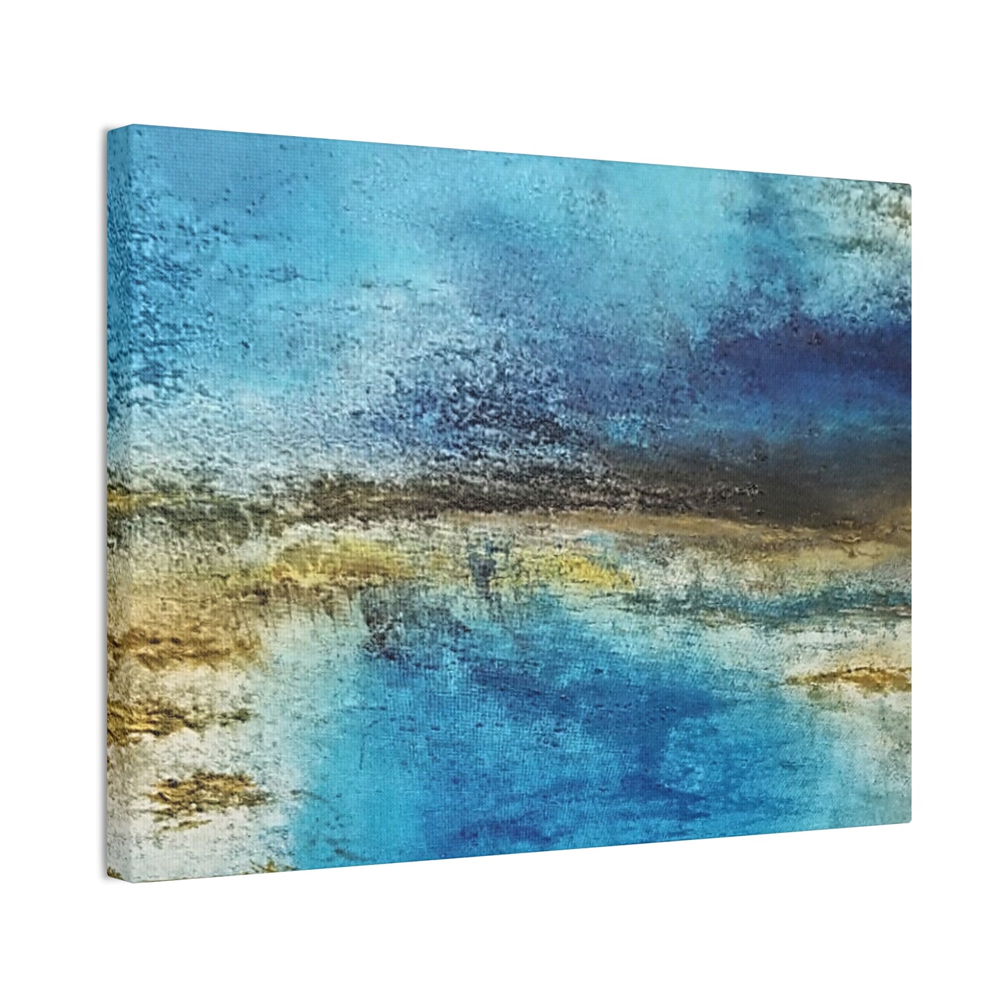 Golden Drift (Horizontal) Abstract Blue and Gold Wall Art Print, Textured Modern Landscape