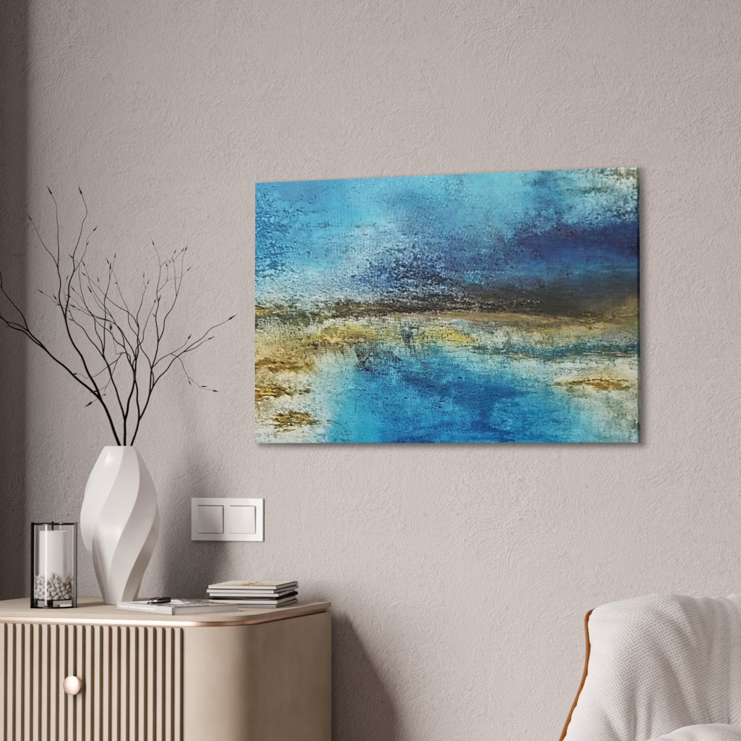 Golden Drift (Horizontal) Abstract Blue and Gold Wall Art Print, Textured Modern Landscape