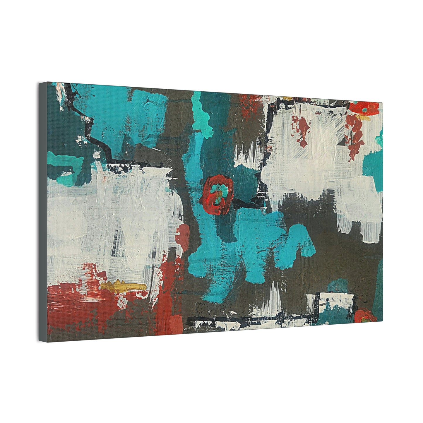 Urban Bloom (Horizontal)Abstract Teal, Red, and White Modern Wall Art Print on Dark Background
