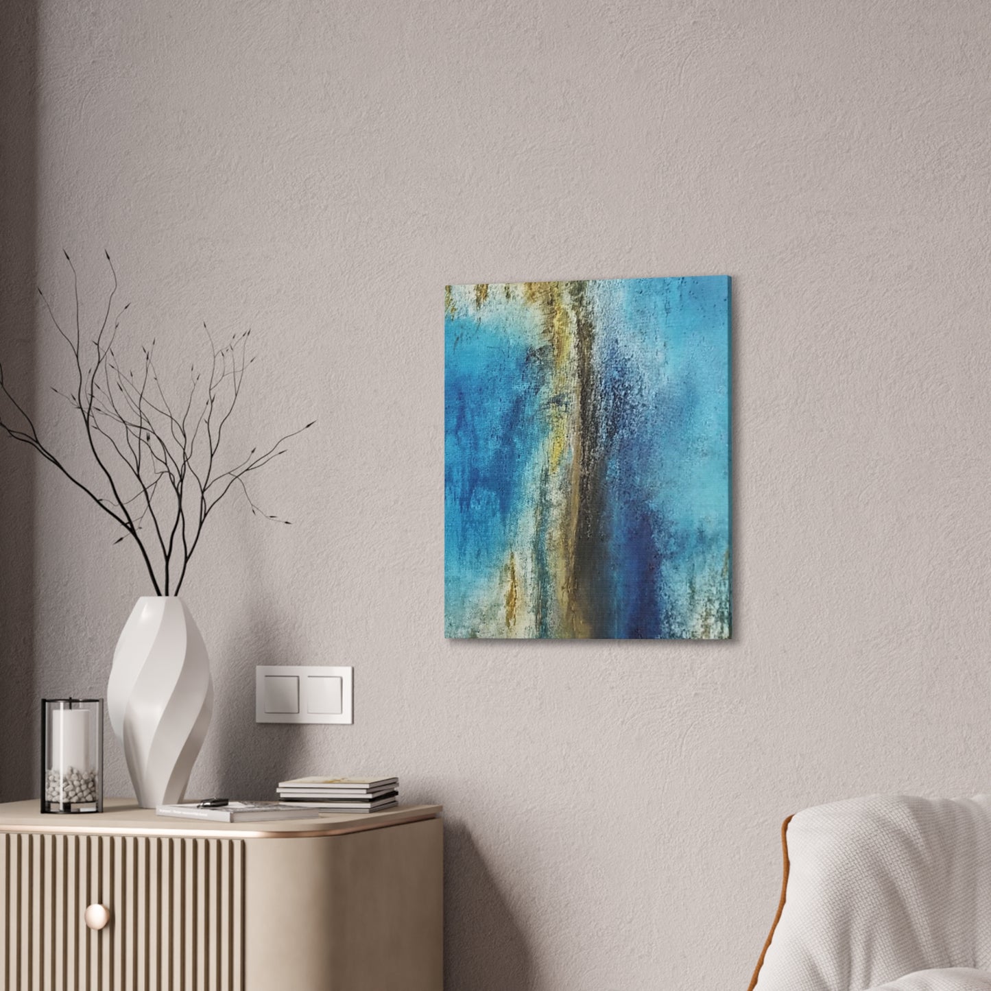 Golden Drift (Vertical) Abstract Blue and Gold Wall Art Print, Textured Modern Landscape