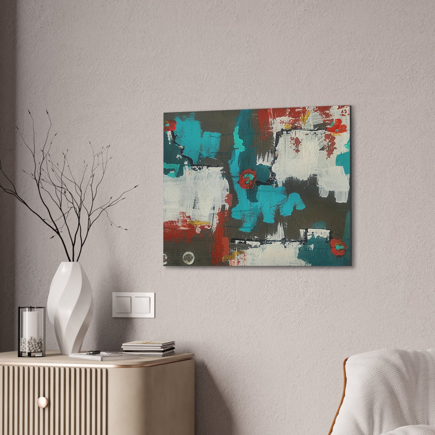 Urban Bloom (Horizontal)Abstract Teal, Red, and White Modern Wall Art Print on Dark Background