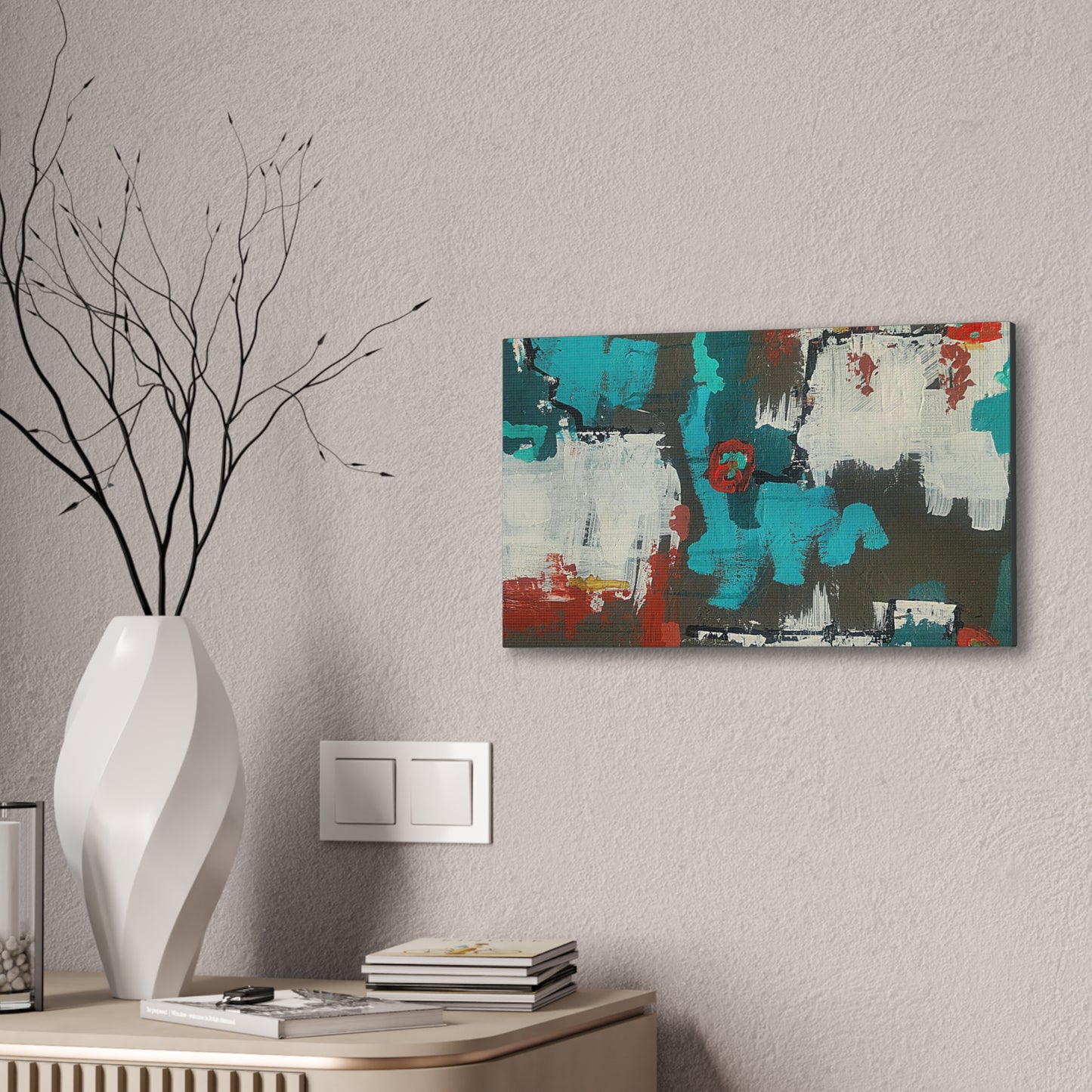Urban Bloom (Horizontal)Abstract Teal, Red, and White Modern Wall Art Print on Dark Background