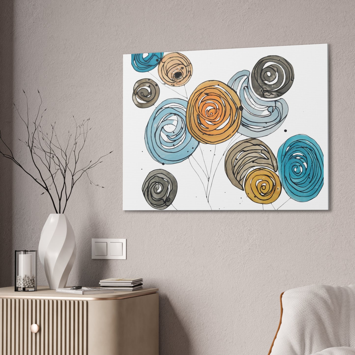 Spirals in Bloom II, Modern Abstract Floral Wall Art – Spiral Blossoms in Teal, Yellow & Charcoal