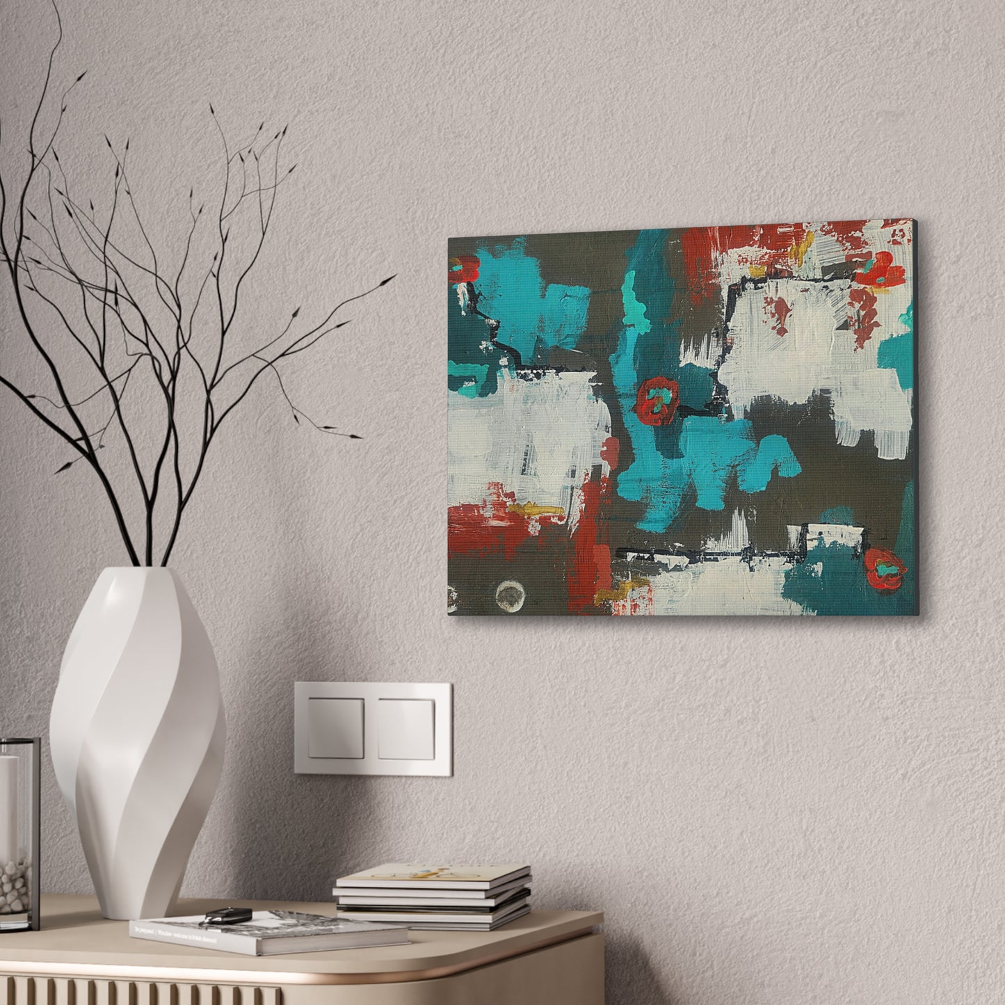 Urban Bloom (Horizontal)Abstract Teal, Red, and White Modern Wall Art Print on Dark Background