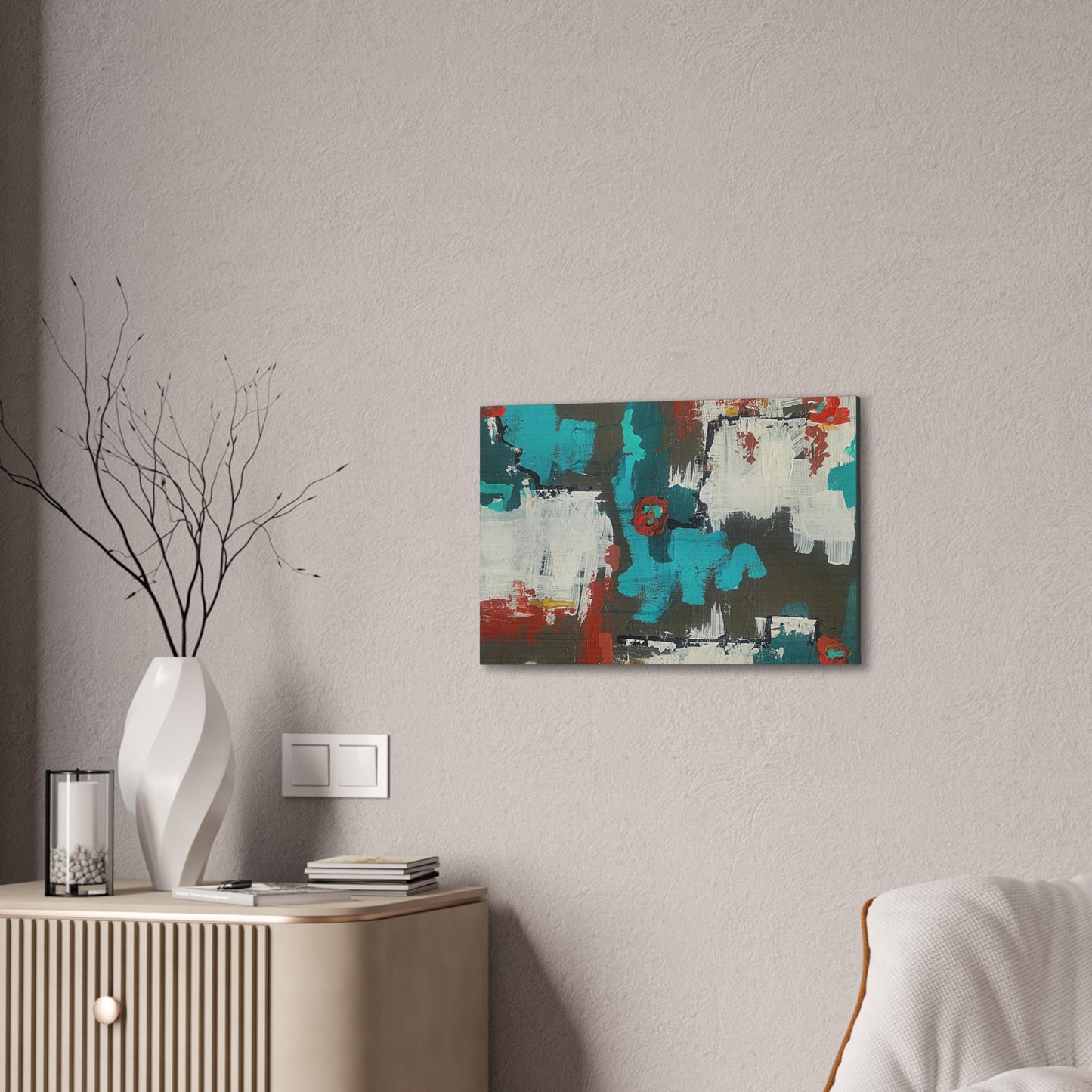 Urban Bloom (Horizontal)Abstract Teal, Red, and White Modern Wall Art Print on Dark Background