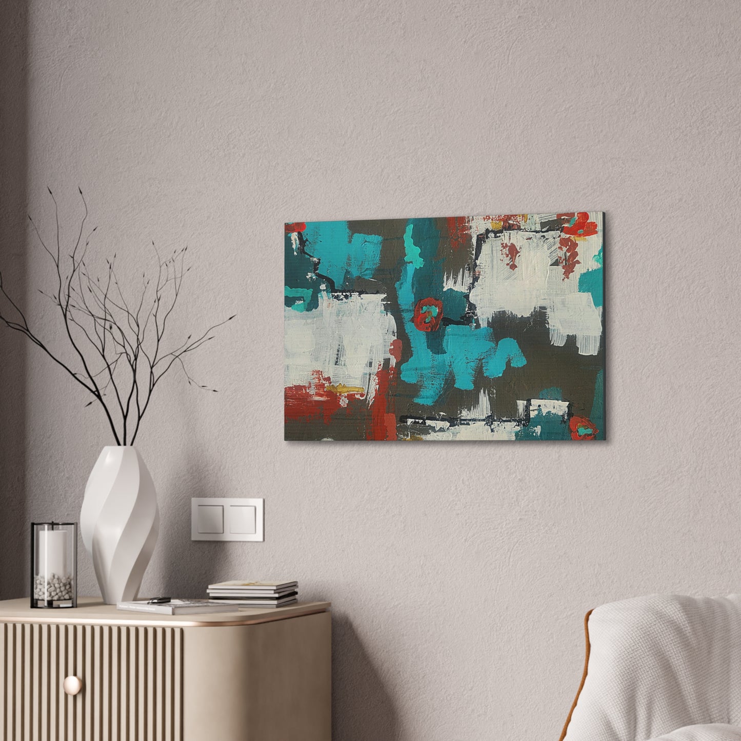 Urban Bloom (Horizontal)Abstract Teal, Red, and White Modern Wall Art Print on Dark Background