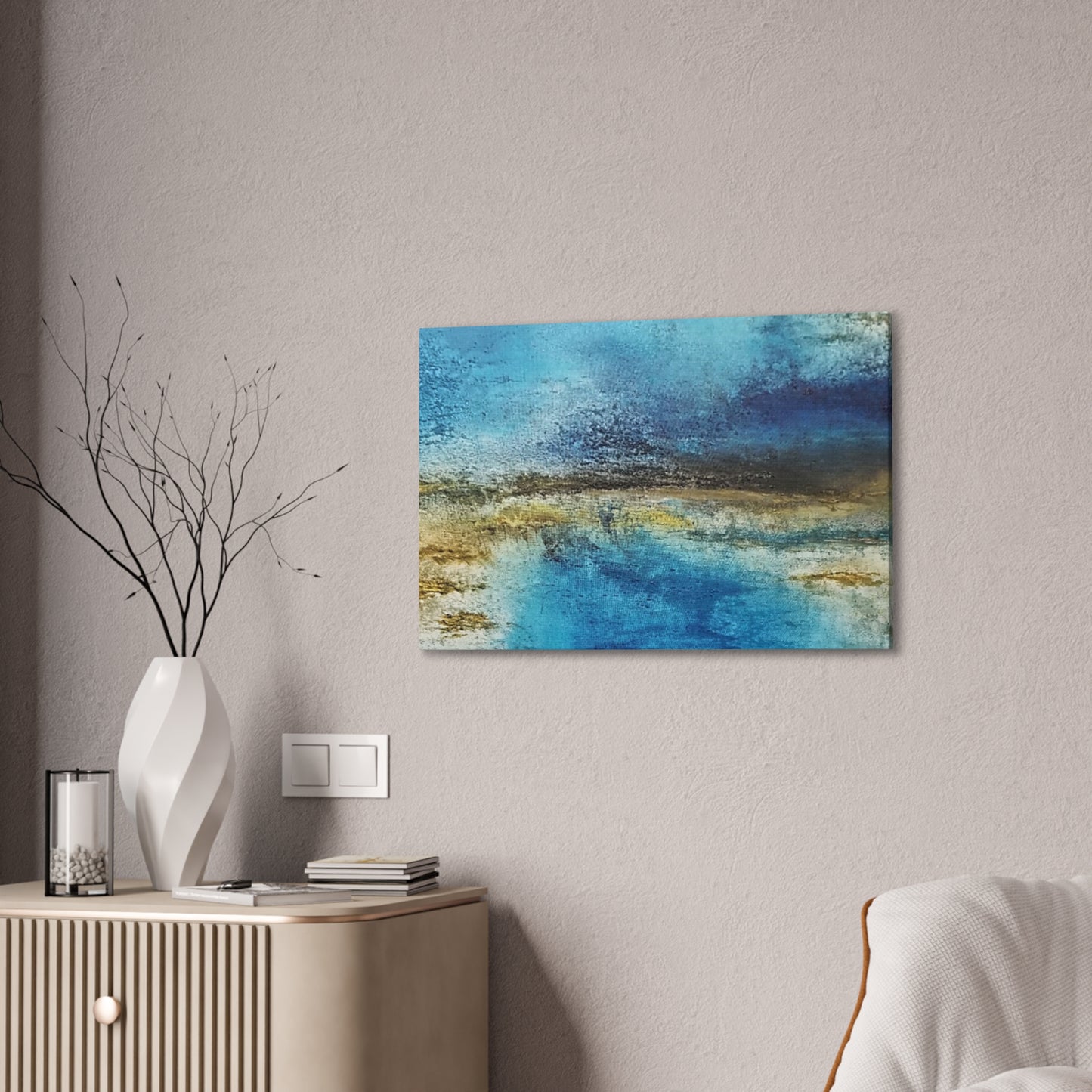 Golden Drift (Horizontal) Abstract Blue and Gold Wall Art Print, Textured Modern Landscape