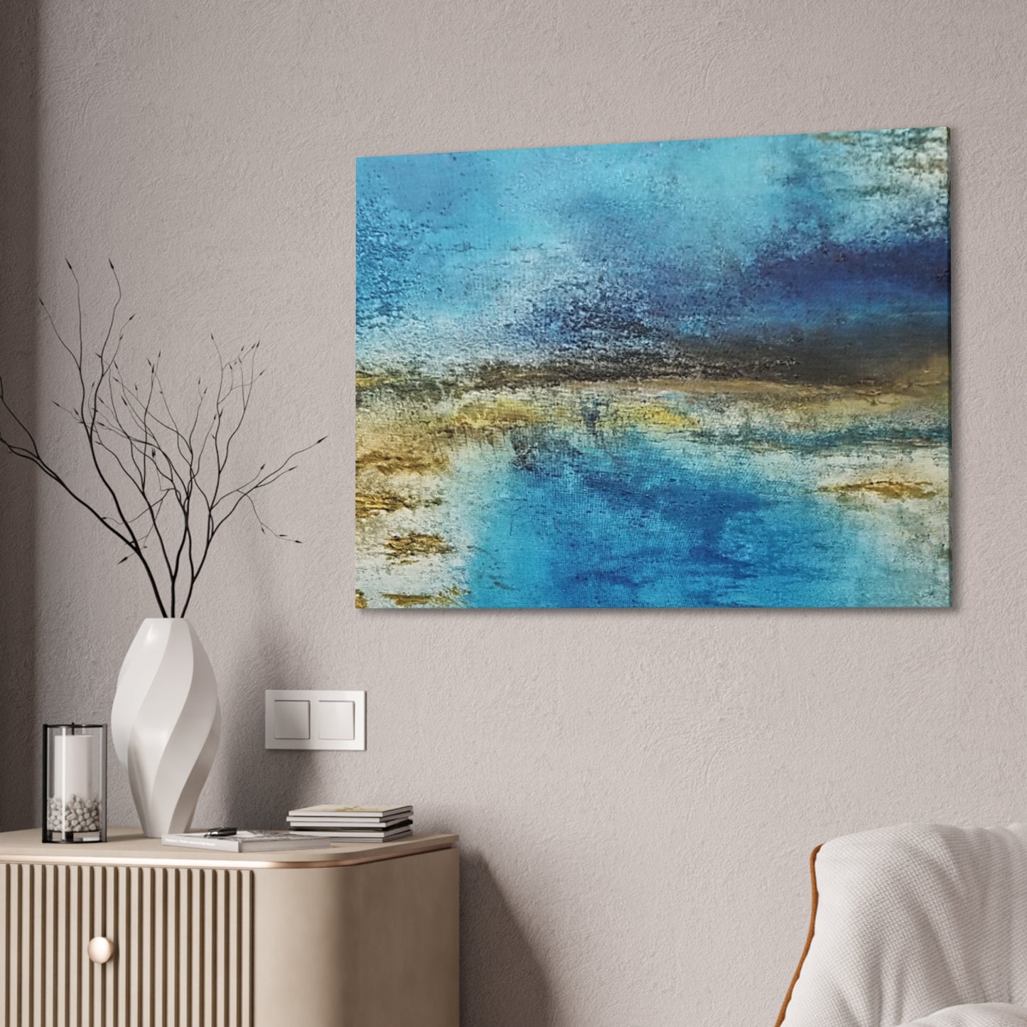 Golden Drift (Horizontal) Abstract Blue and Gold Wall Art Print, Textured Modern Landscape