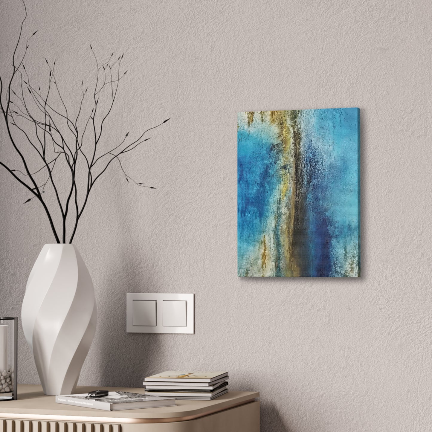 Golden Drift (Vertical) Abstract Blue and Gold Wall Art Print, Textured Modern Landscape