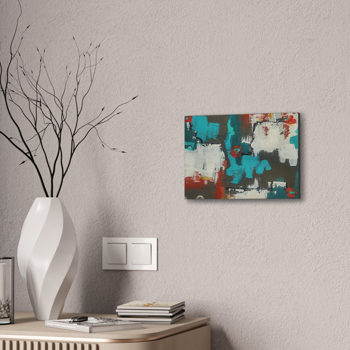 Urban Bloom (Horizontal)Abstract Teal, Red, and White Modern Wall Art Print on Dark Background