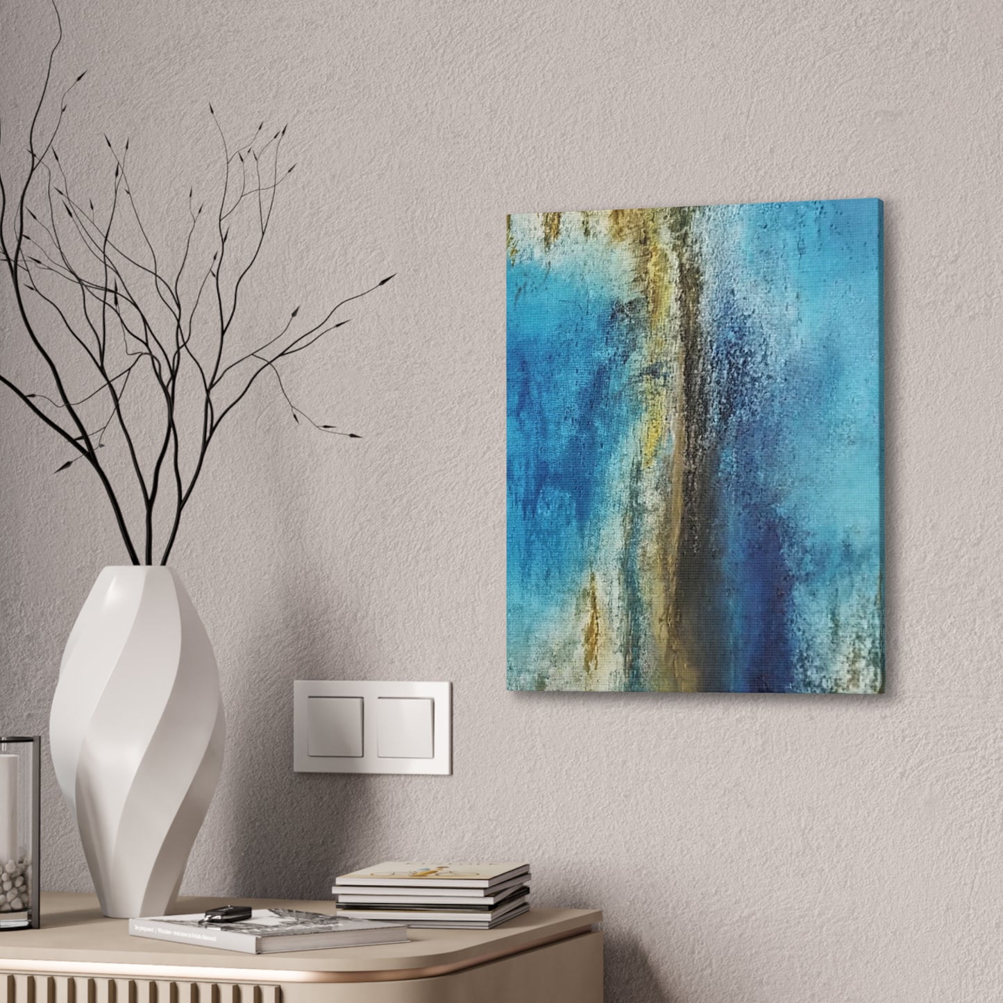 Golden Drift (Vertical) Abstract Blue and Gold Wall Art Print, Textured Modern Landscape