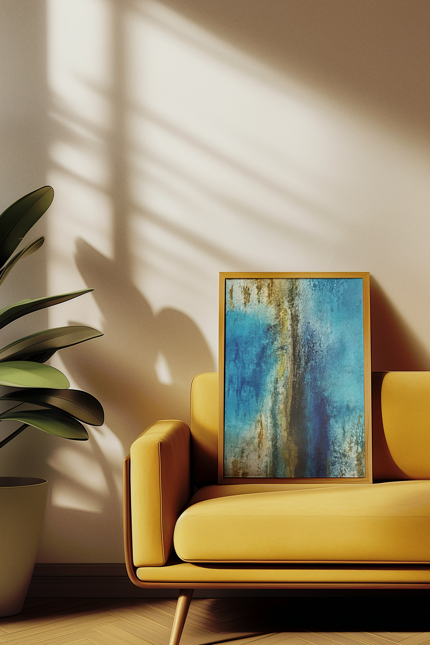 Golden Drift (Vertical) Abstract Blue and Gold Wall Art Print, Textured Modern Landscape