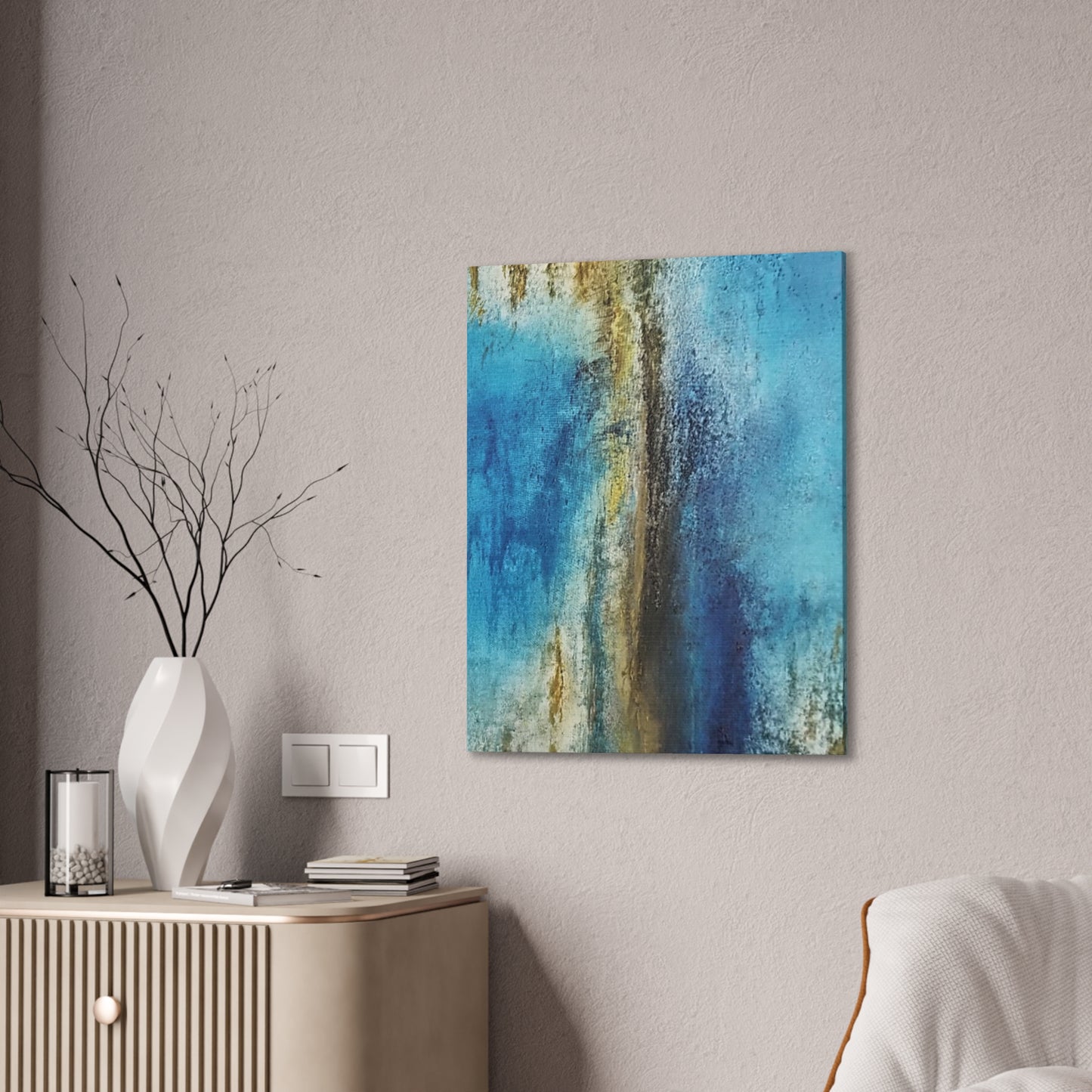 Golden Drift (Vertical) Abstract Blue and Gold Wall Art Print, Textured Modern Landscape