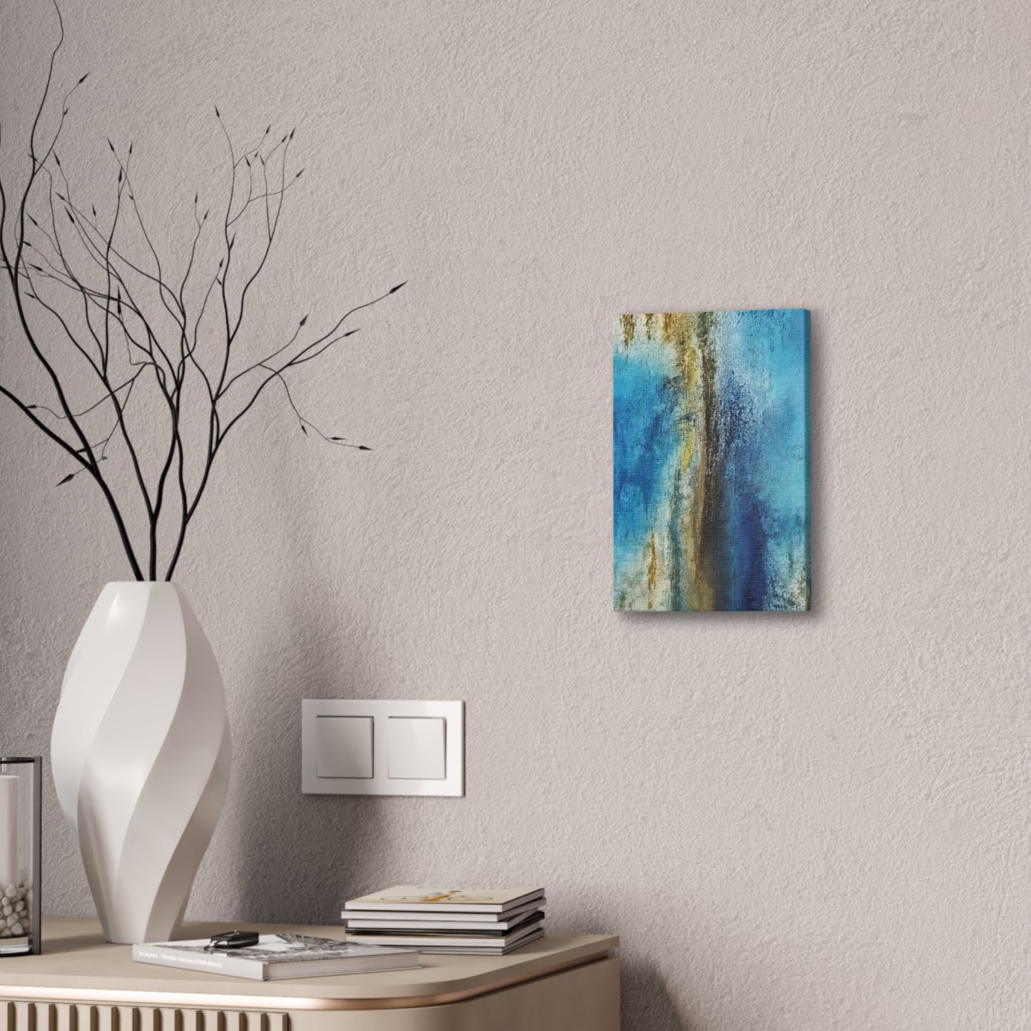 Golden Drift (Vertical) Abstract Blue and Gold Wall Art Print, Textured Modern Landscape