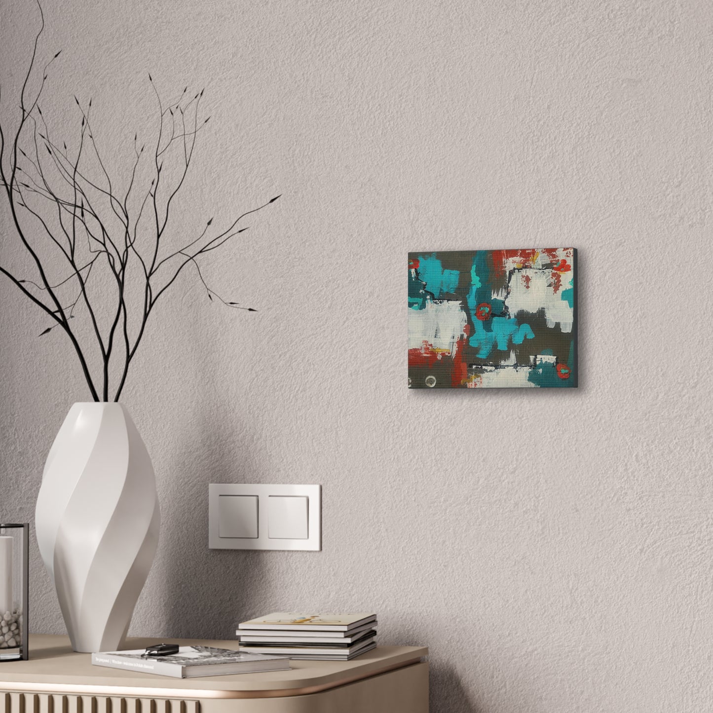 Urban Bloom (Horizontal)Abstract Teal, Red, and White Modern Wall Art Print on Dark Background