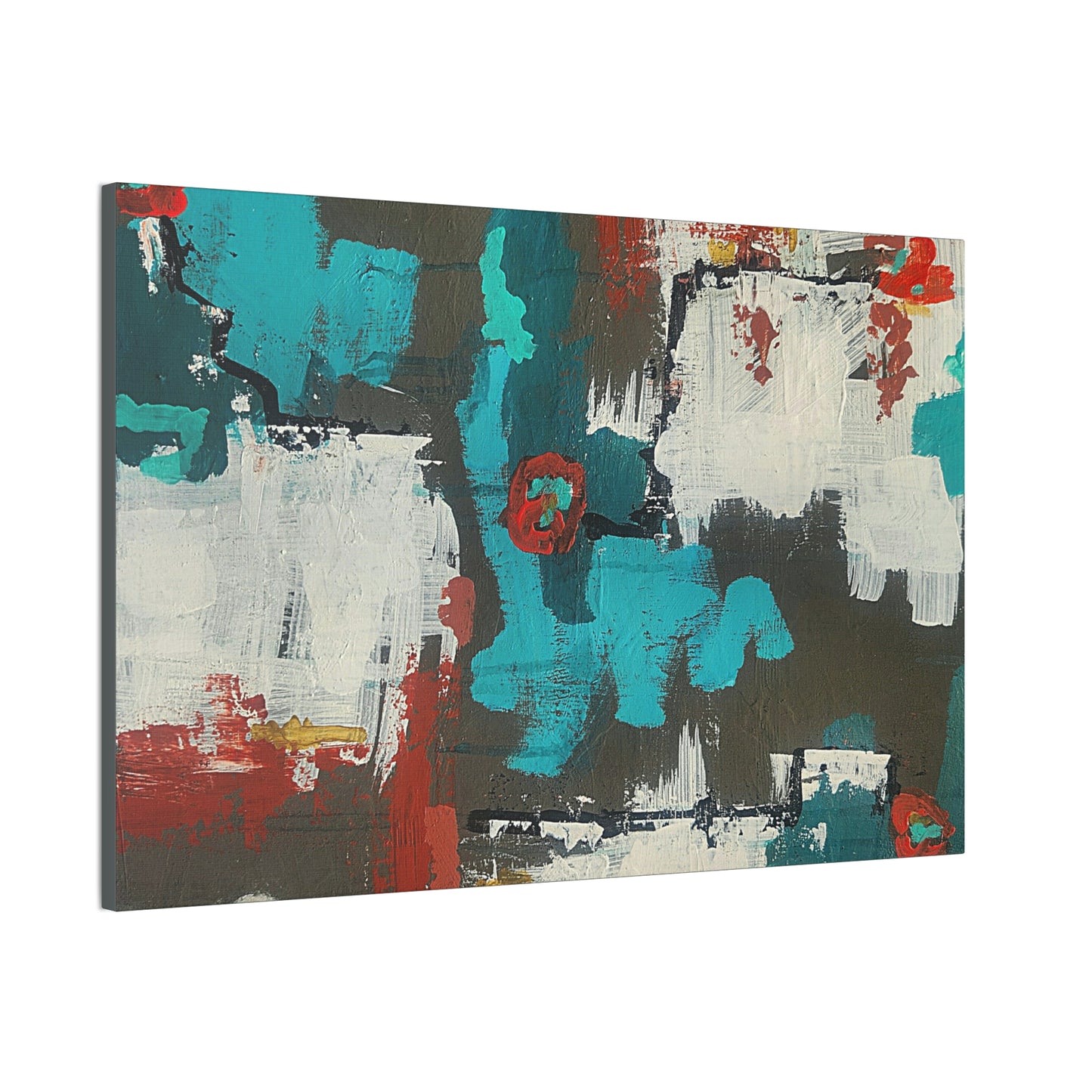 Urban Bloom (Horizontal)Abstract Teal, Red, and White Modern Wall Art Print on Dark Background
