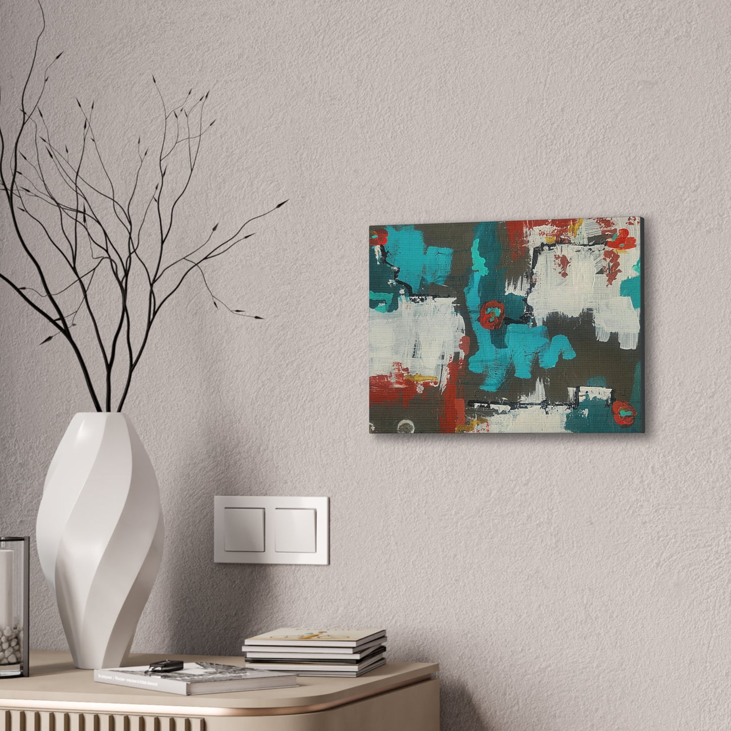 Urban Bloom (Horizontal)Abstract Teal, Red, and White Modern Wall Art Print on Dark Background