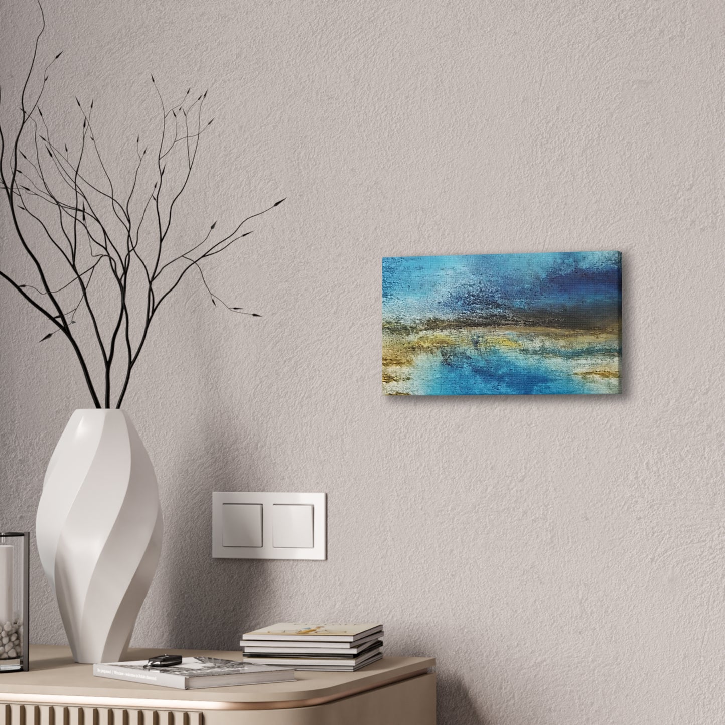 Golden Drift (Horizontal) Abstract Blue and Gold Wall Art Print, Textured Modern Landscape