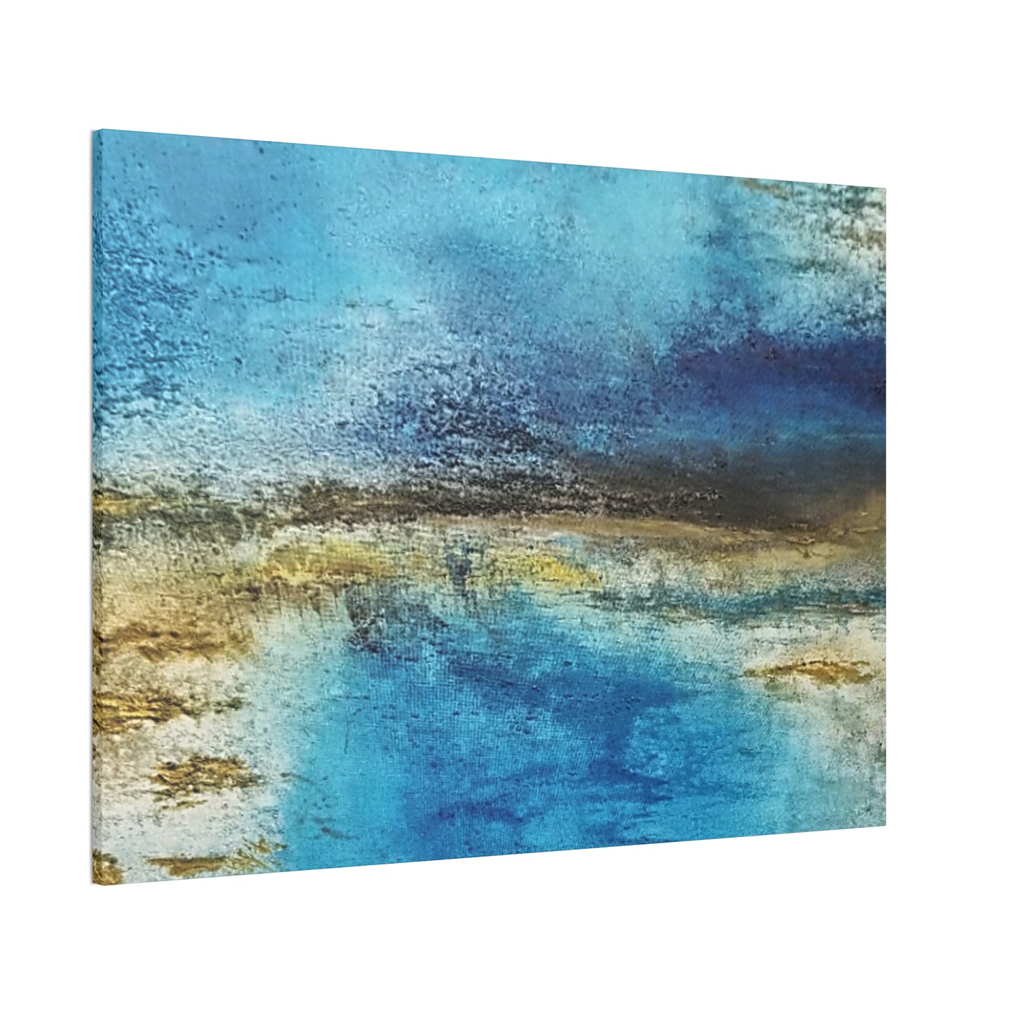 Golden Drift (Horizontal) Abstract Blue and Gold Wall Art Print, Textured Modern Landscape