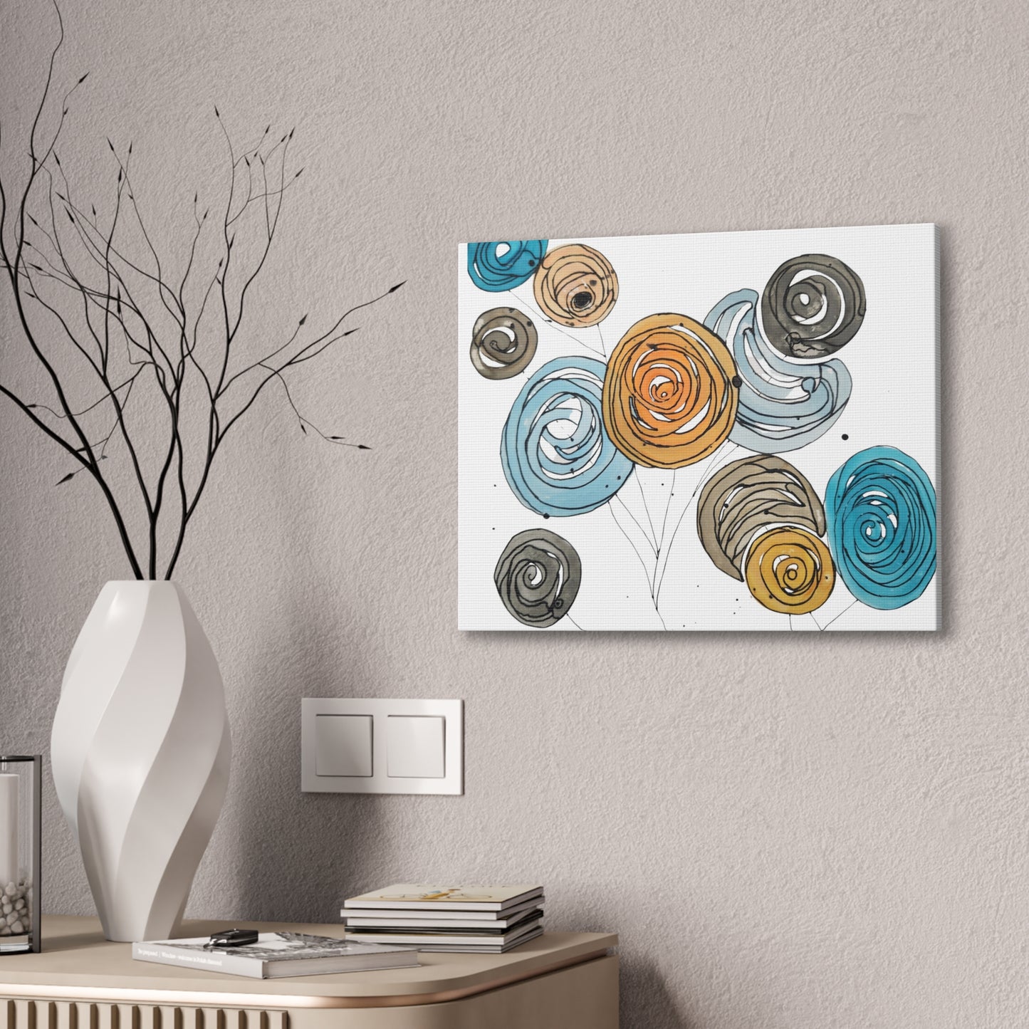 Spirals in Bloom II, Modern Abstract Floral Wall Art – Spiral Blossoms in Teal, Yellow & Charcoal