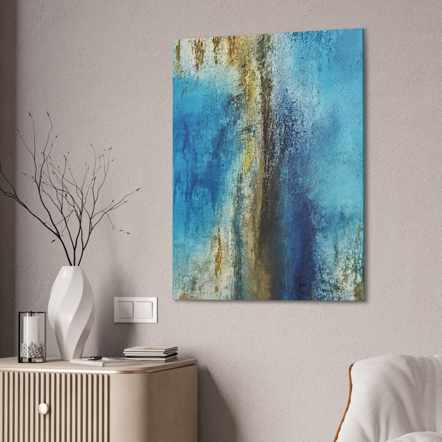 Golden Drift (Vertical) Abstract Blue and Gold Wall Art Print, Textured Modern Landscape
