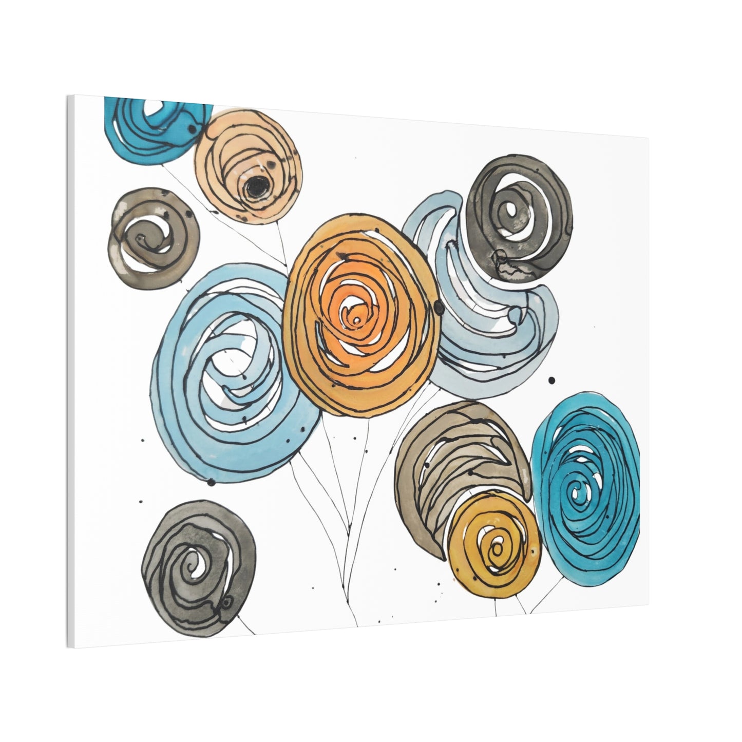 Spirals in Bloom II, Modern Abstract Floral Wall Art – Spiral Blossoms in Teal, Yellow & Charcoal
