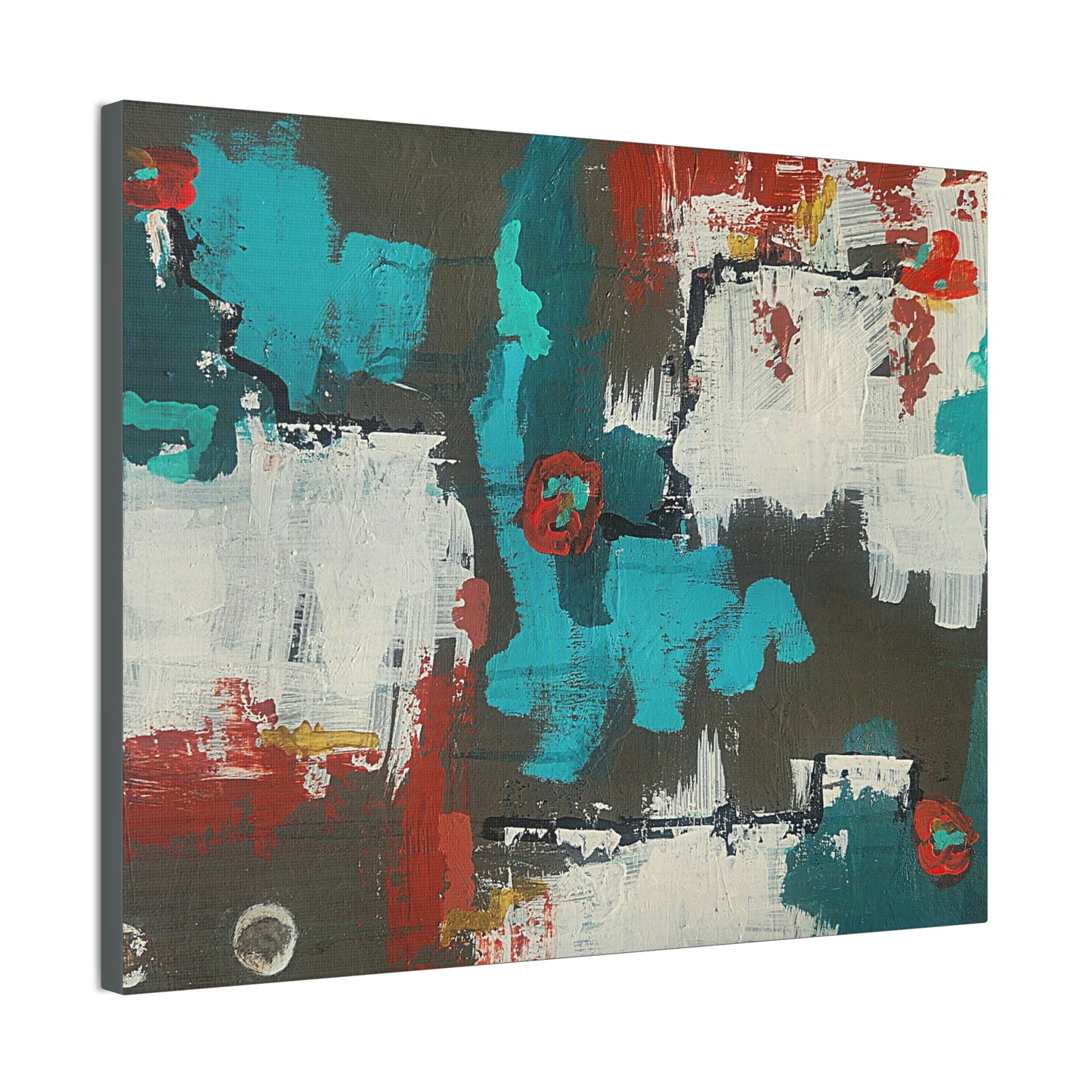 Urban Bloom (Horizontal)Abstract Teal, Red, and White Modern Wall Art Print on Dark Background