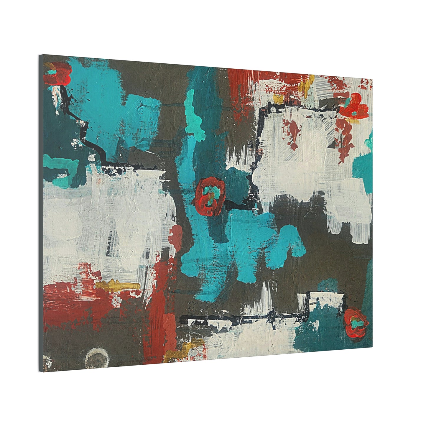Urban Bloom (Horizontal)Abstract Teal, Red, and White Modern Wall Art Print on Dark Background
