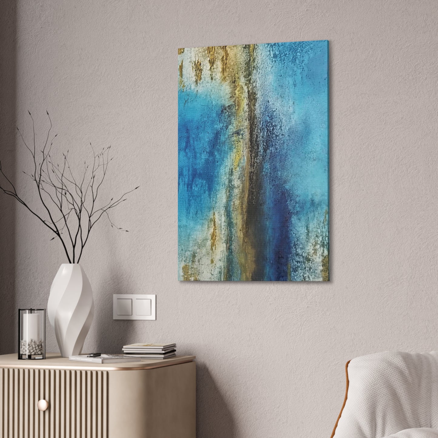 Golden Drift (Vertical) Abstract Blue and Gold Wall Art Print, Textured Modern Landscape
