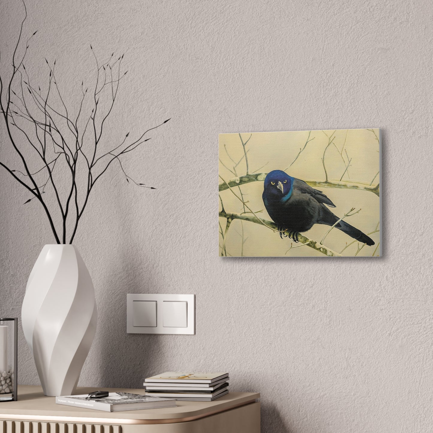 Midnight Grackle Perch – Realistic Bird Oil Painting on Canvas, Nature oil painting, Original oil painting