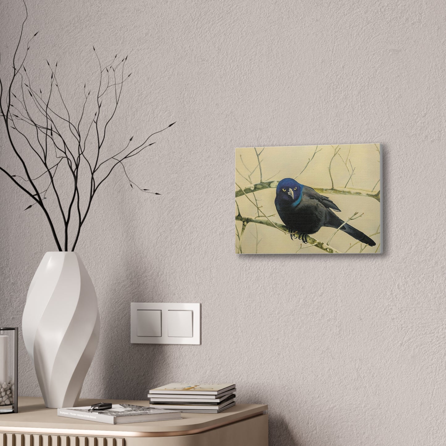 Midnight Grackle Perch – Realistic Bird Oil Painting on Canvas, Nature oil painting, Original oil painting