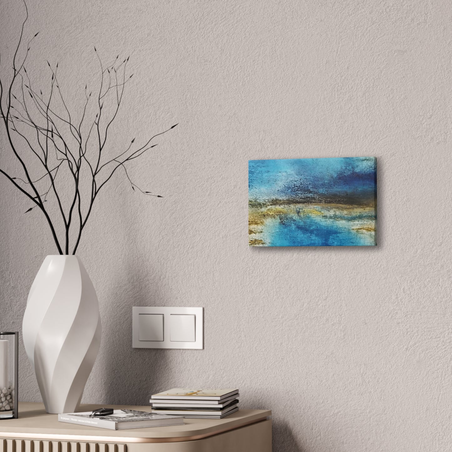 Golden Drift (Horizontal) Abstract Blue and Gold Wall Art Print, Textured Modern Landscape