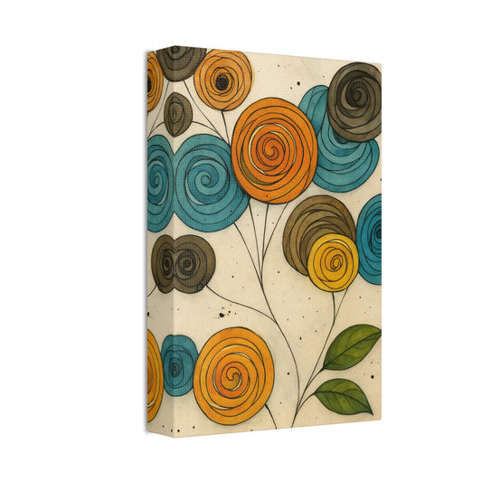 Spirals in Bloom III – Contemporary Digital Wall Art,A modern abstract floral digital wall art print in teal, orange, and yellow, perfect for contemporary home or office decor.