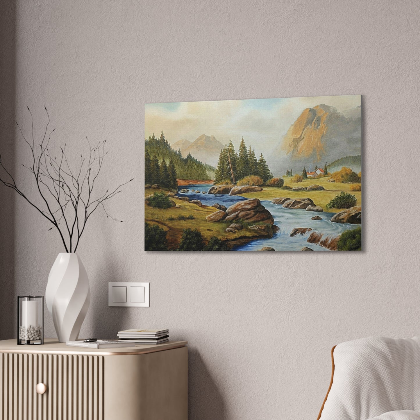 Tranquil Mountain Escape, Realistic Landscape Oil Painting | Rustic Cabin Wall Art, Nature Scene, Home Decor