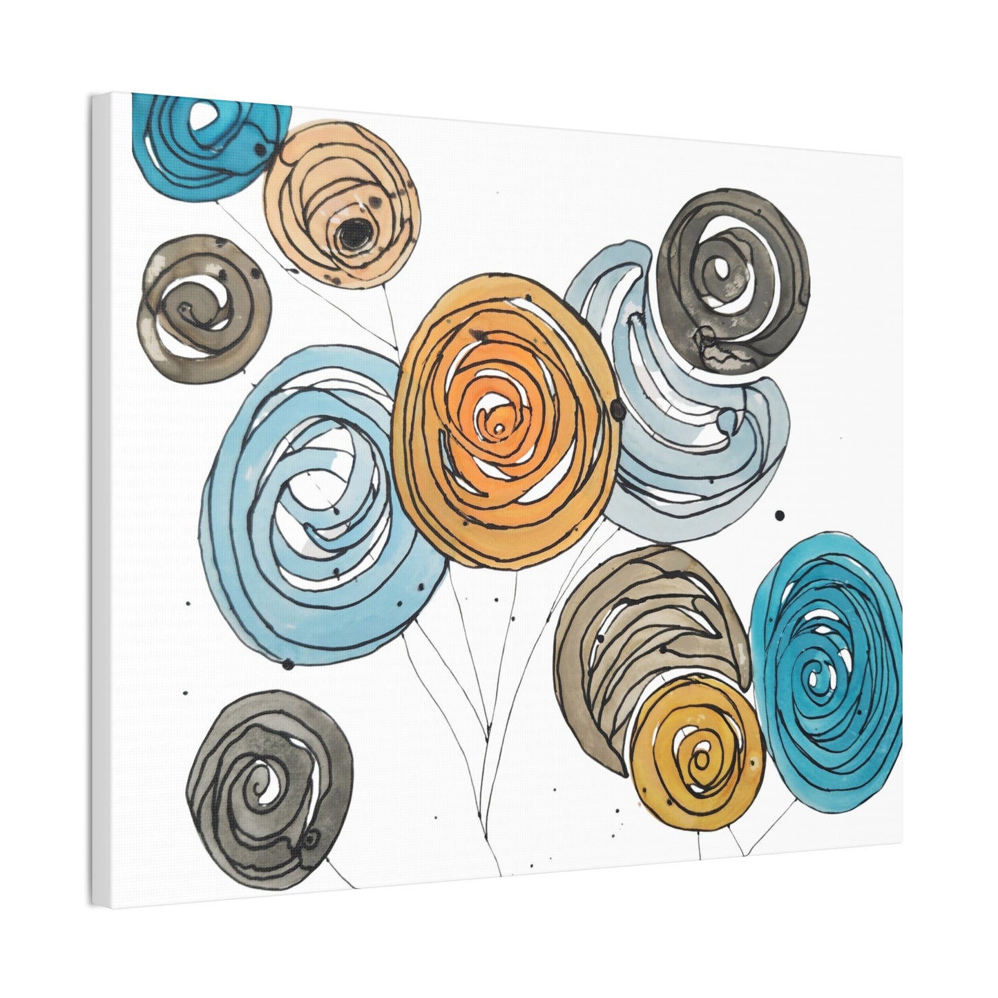 Spirals in Bloom II, Modern Abstract Floral Wall Art – Spiral Blossoms in Teal, Yellow & Charcoal