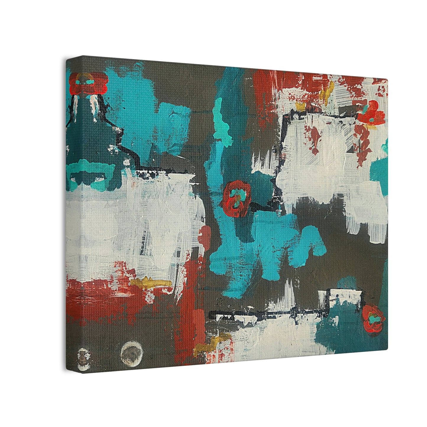 Urban Bloom, Abstract Teal, Red, and White Modern Wall Art Print on Dark Background
