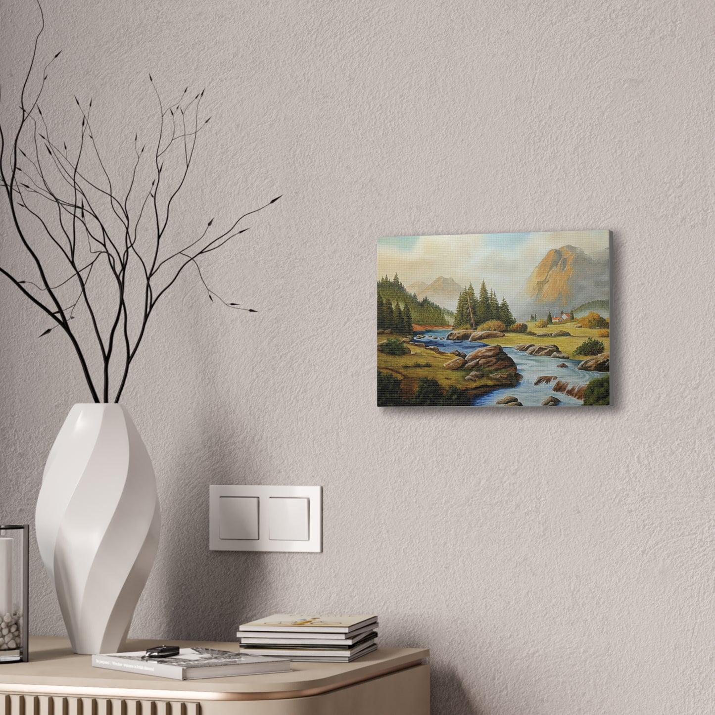 Tranquil Mountain Escape, Realistic Landscape Oil Painting | Rustic Cabin Wall Art, Nature Scene, Home Decor